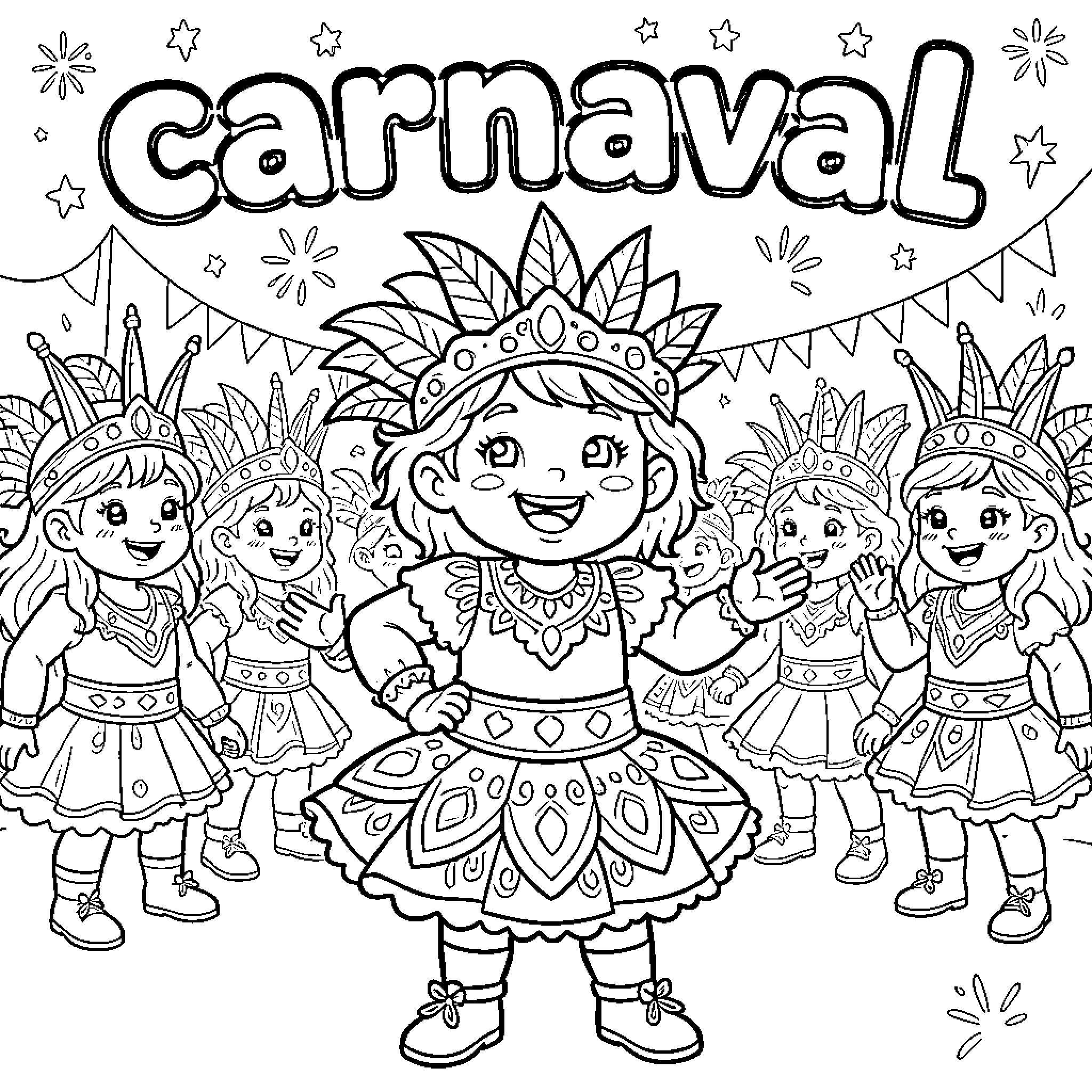 Child Celebrating Carnival with Friends Coloring Page (free black-and-white line drawing printable PDF for all, from beginners to advanced learners, including children, teens, adults, and seniors)