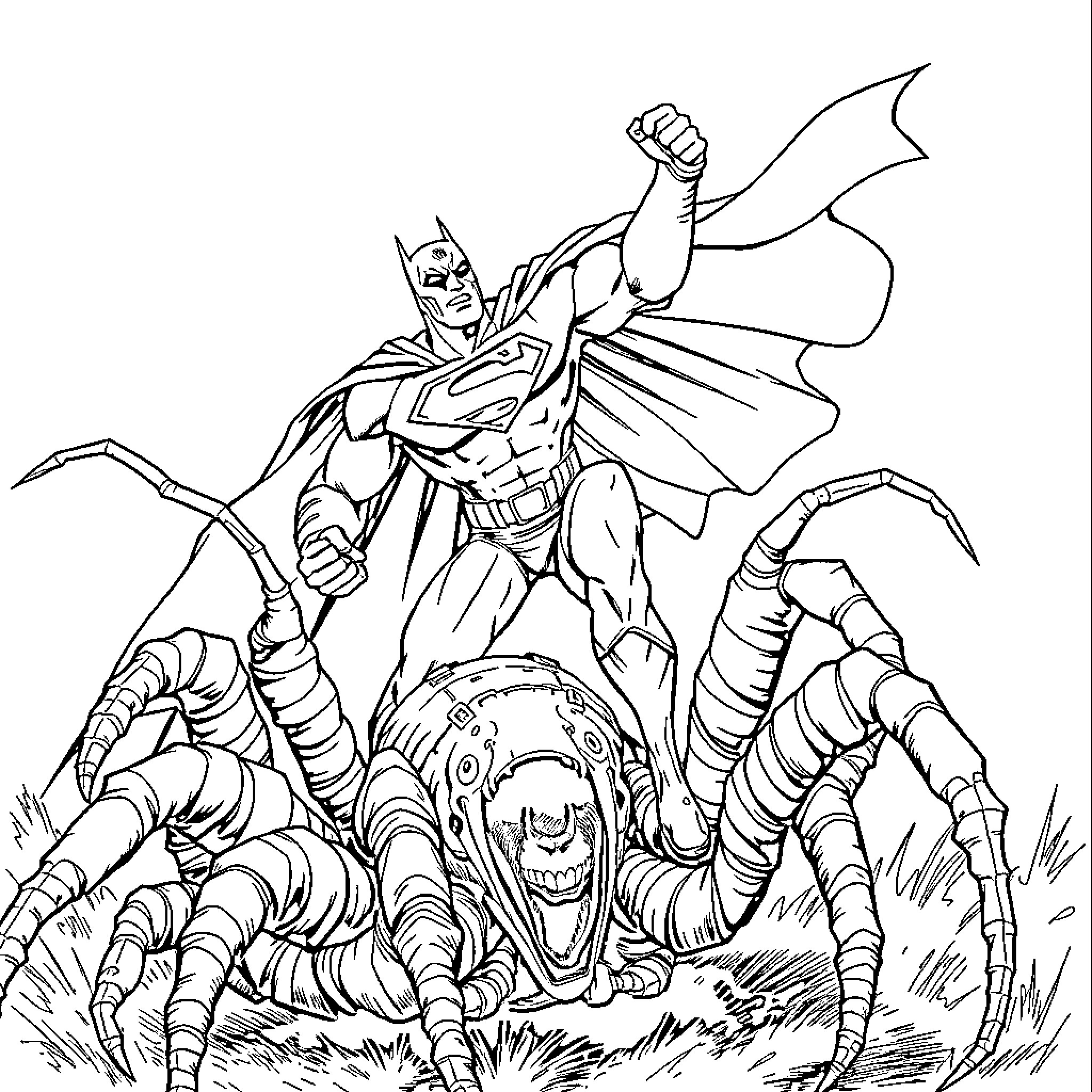 Batman battling a giant monstrous creature Coloring Page (free black-and-white line drawing printable PDF for all, from beginners to advanced learners, including children, teens, adults, and seniors)