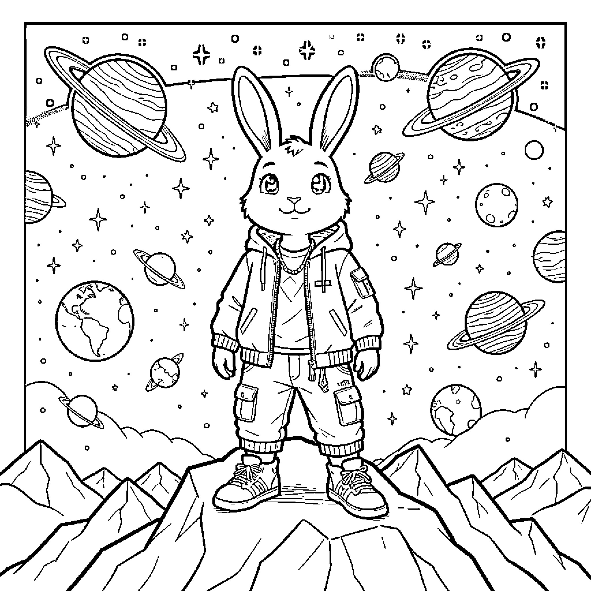 Rabbit astronaut exploring the universe Coloring Page (free black-and-white line drawing printable PDF for all, from beginners to advanced learners, including children, teens, adults, and seniors)