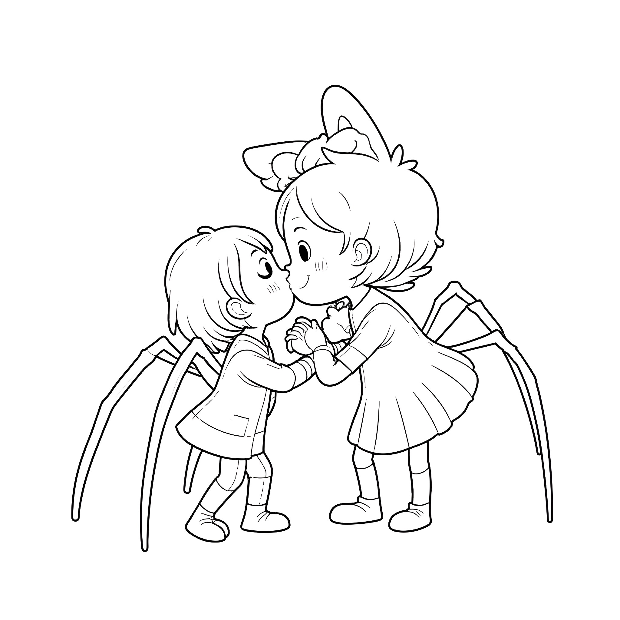 Muffet and her spider friend share a tender moment Coloring Page (free black-and-white line drawing printable PDF for all, from beginners to advanced learners, including children, teens, adults, and seniors)