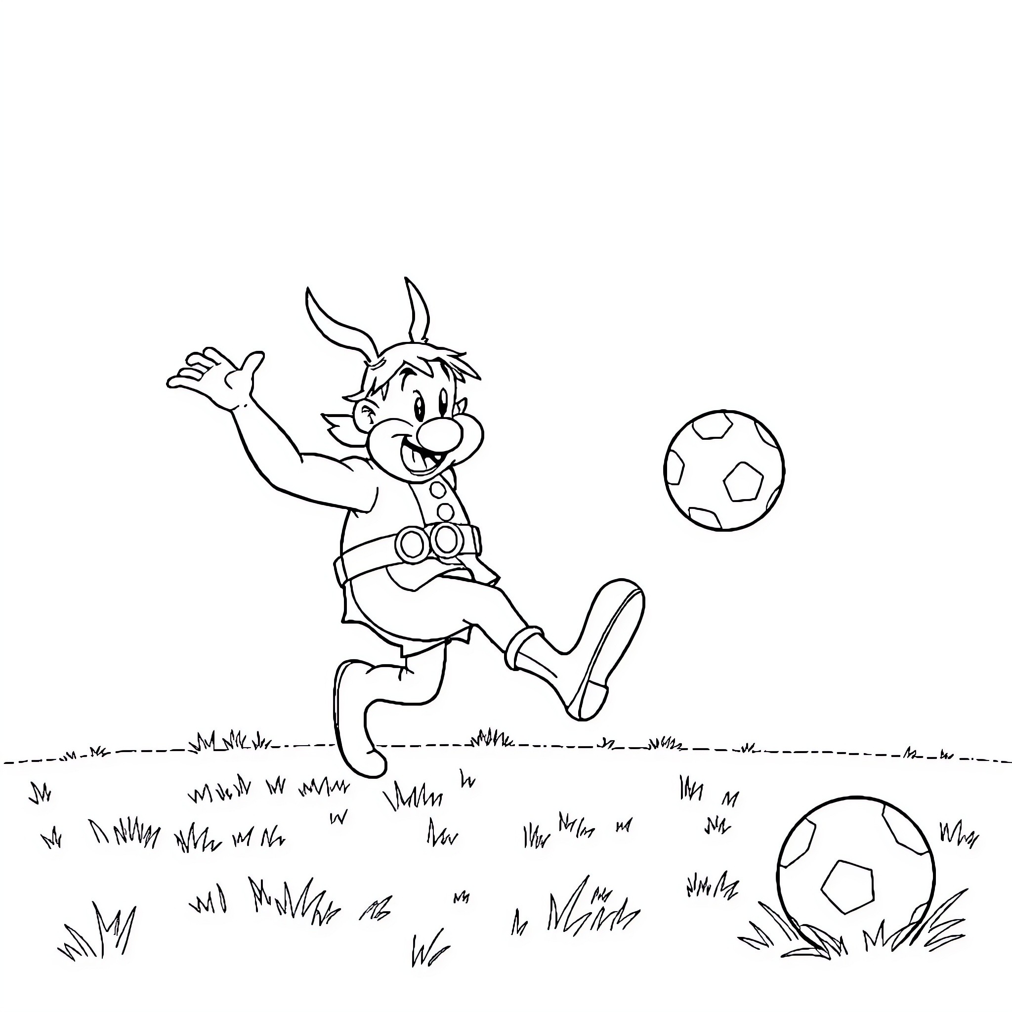 Asterix playing with soccer balls on the field Coloring Page (free black-and-white line drawing printable PDF for all, from beginners to advanced learners, including children, teens, adults, and seniors)
