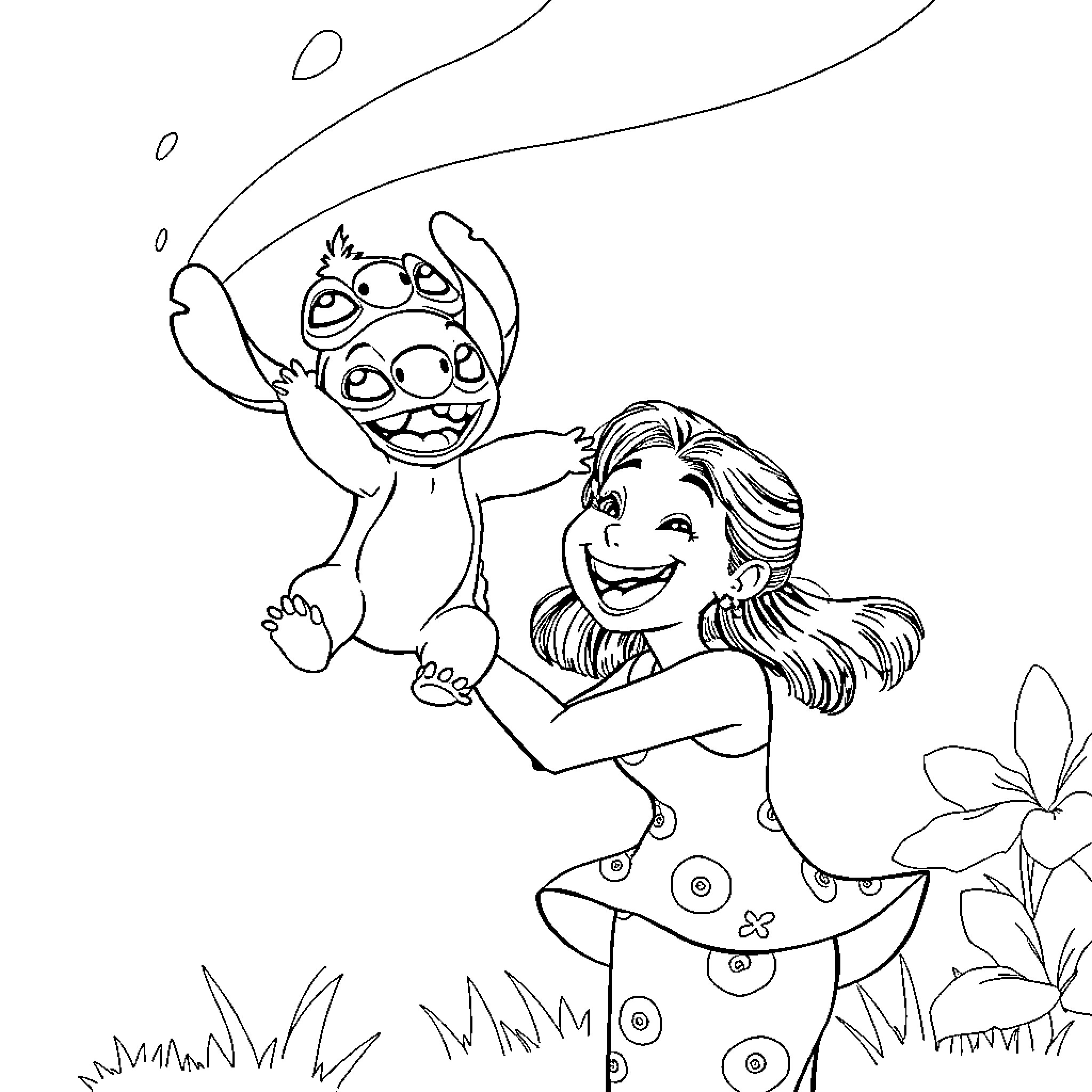 Lilo playing joyfully with her alien friend Coloring Page (free black-and-white line drawing printable PDF for all, from beginners to advanced learners, including children, teens, adults, and seniors)