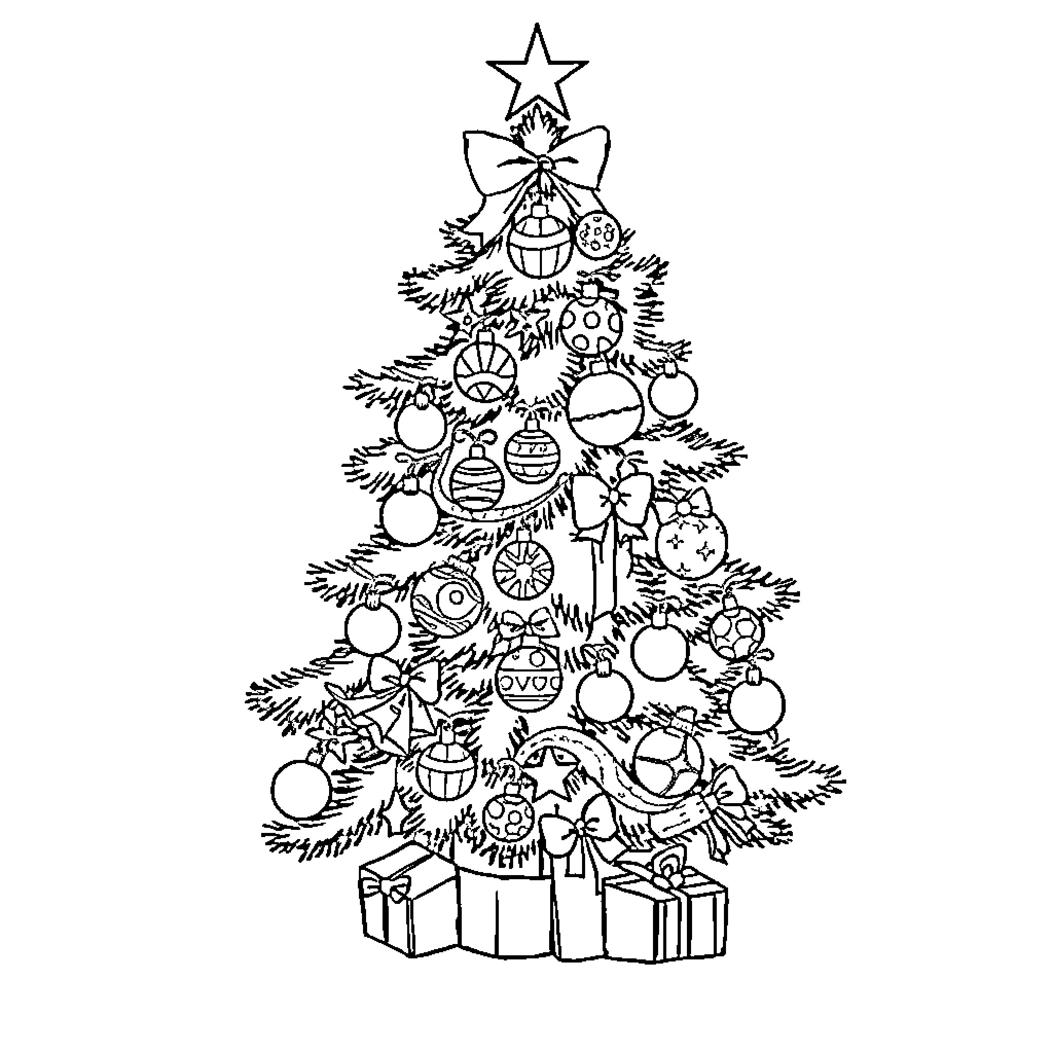 Tree Decorations with Festive Ornaments and Gifts Coloring Page (free black-and-white line drawing printable PDF for all, from beginners to advanced learners, including children, teens, adults, and seniors)