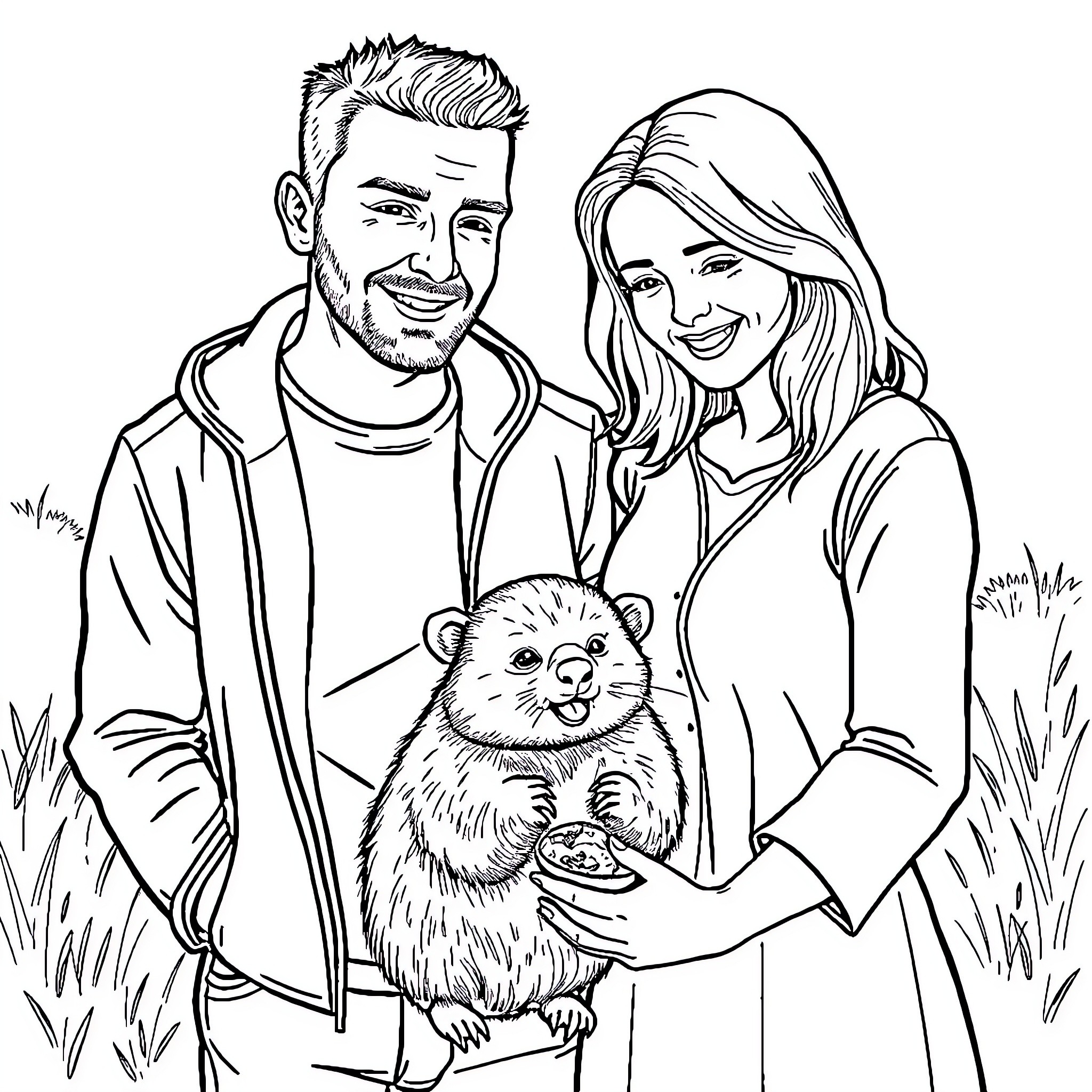 Wombat in the arms of happy couple Coloring Page (free black-and-white line drawing printable PDF for all, from beginners to advanced learners, including children, teens, adults, and seniors)