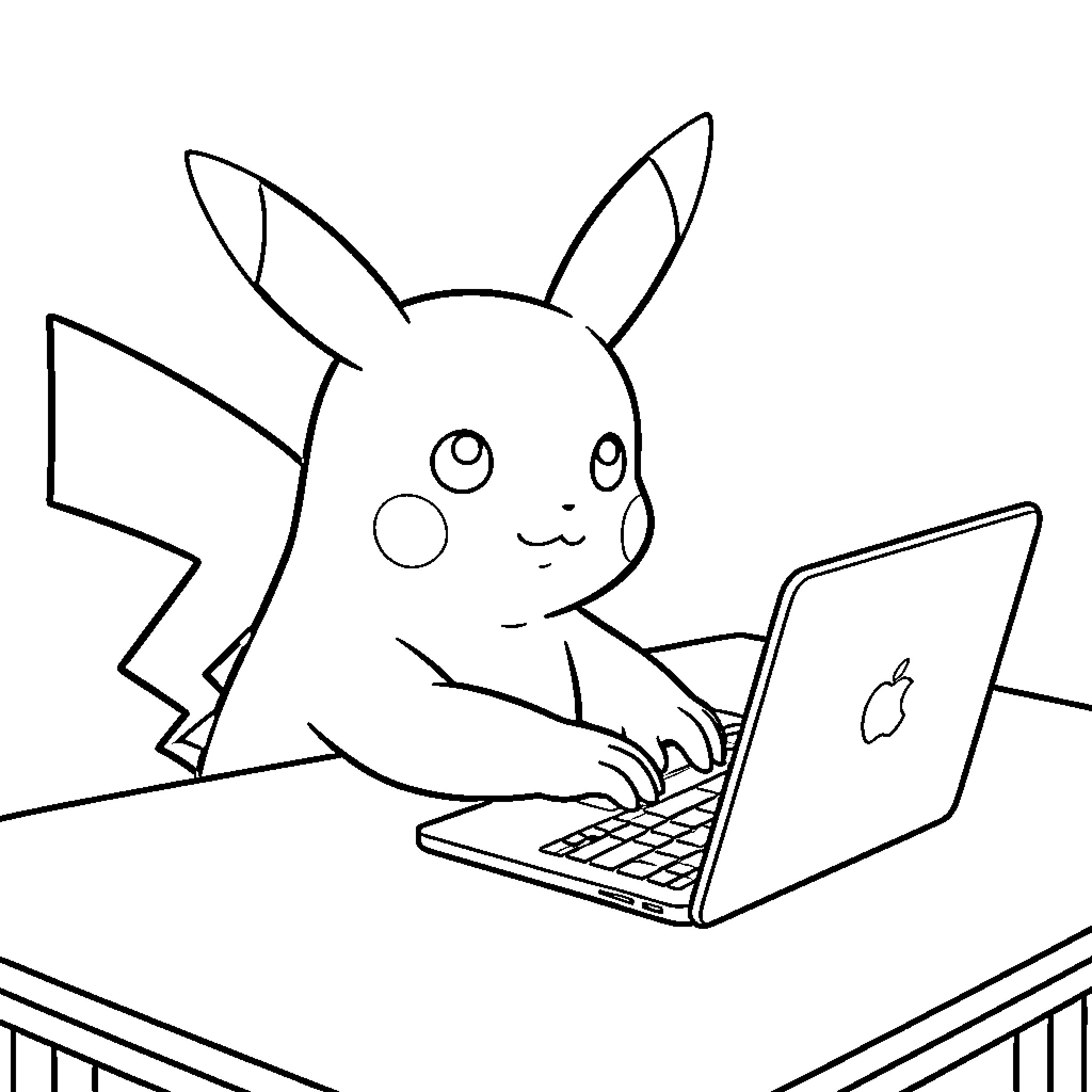 Pikachu typing on a laptop at a desk Coloring Page (free black-and-white line drawing printable PDF for all, from beginners to advanced learners, including children, teens, adults, and seniors)