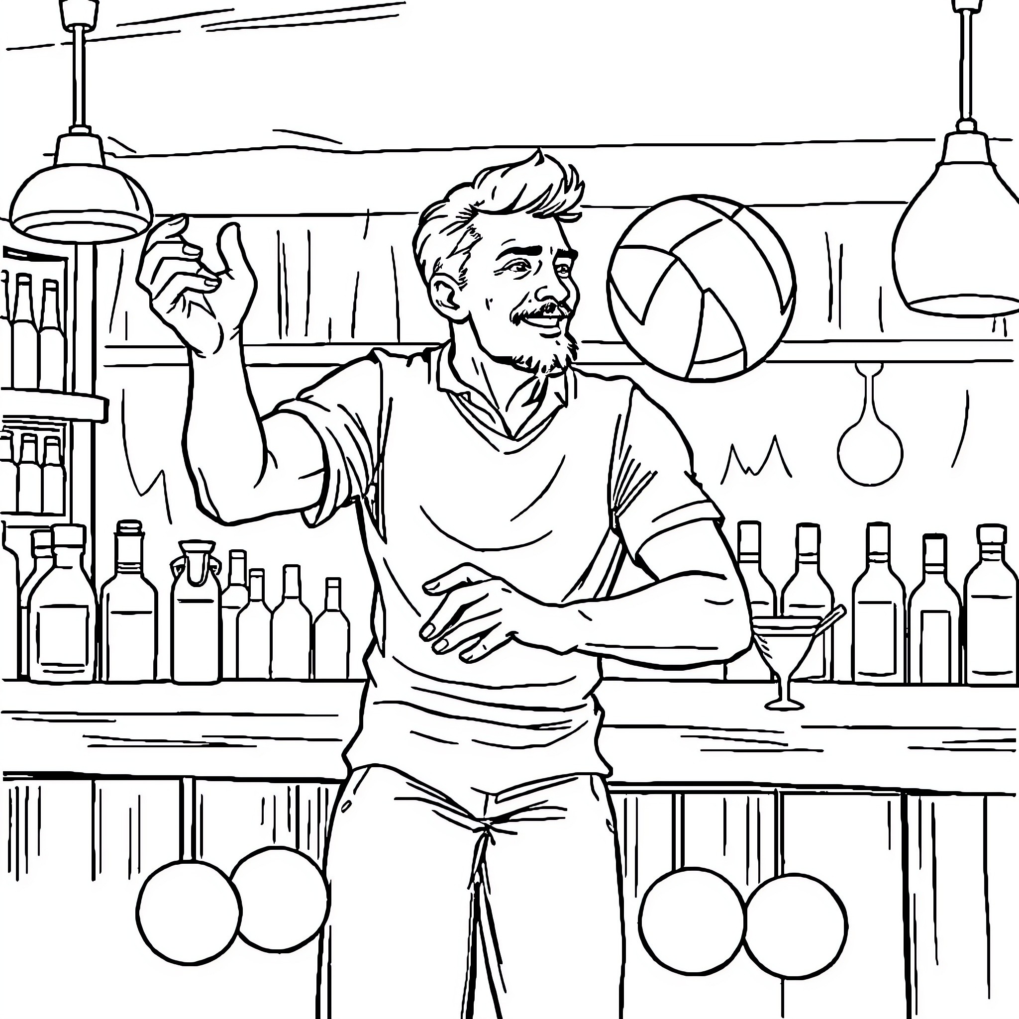 Barman preparing drinks at the bar counter Coloring Page (free black-and-white line drawing printable PDF for all, from beginners to advanced learners, including children, teens, adults, and seniors)