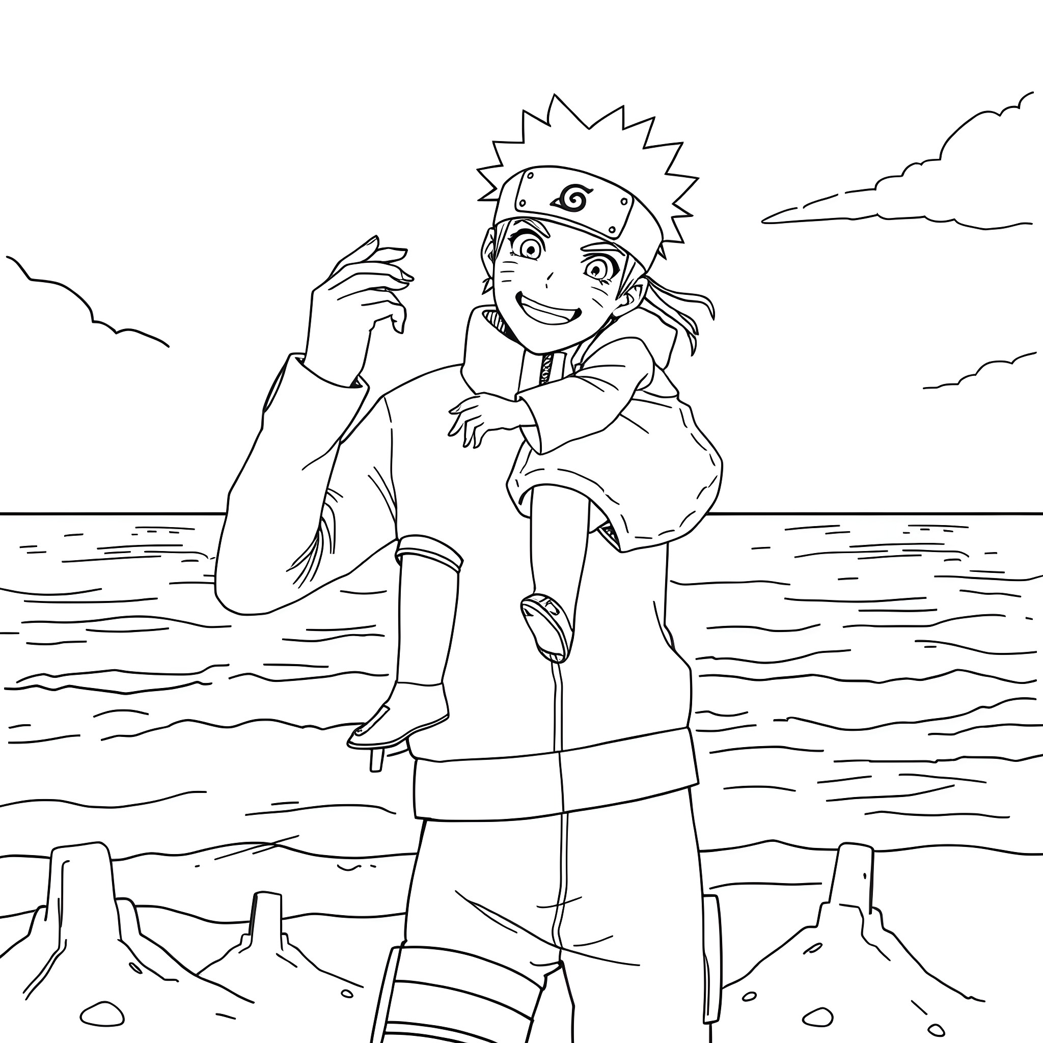 Naruto enjoying a sunny day by the ocean Coloring Page (free black-and-white line drawing printable PDF for all, from beginners to advanced learners, including children, teens, adults, and seniors)
