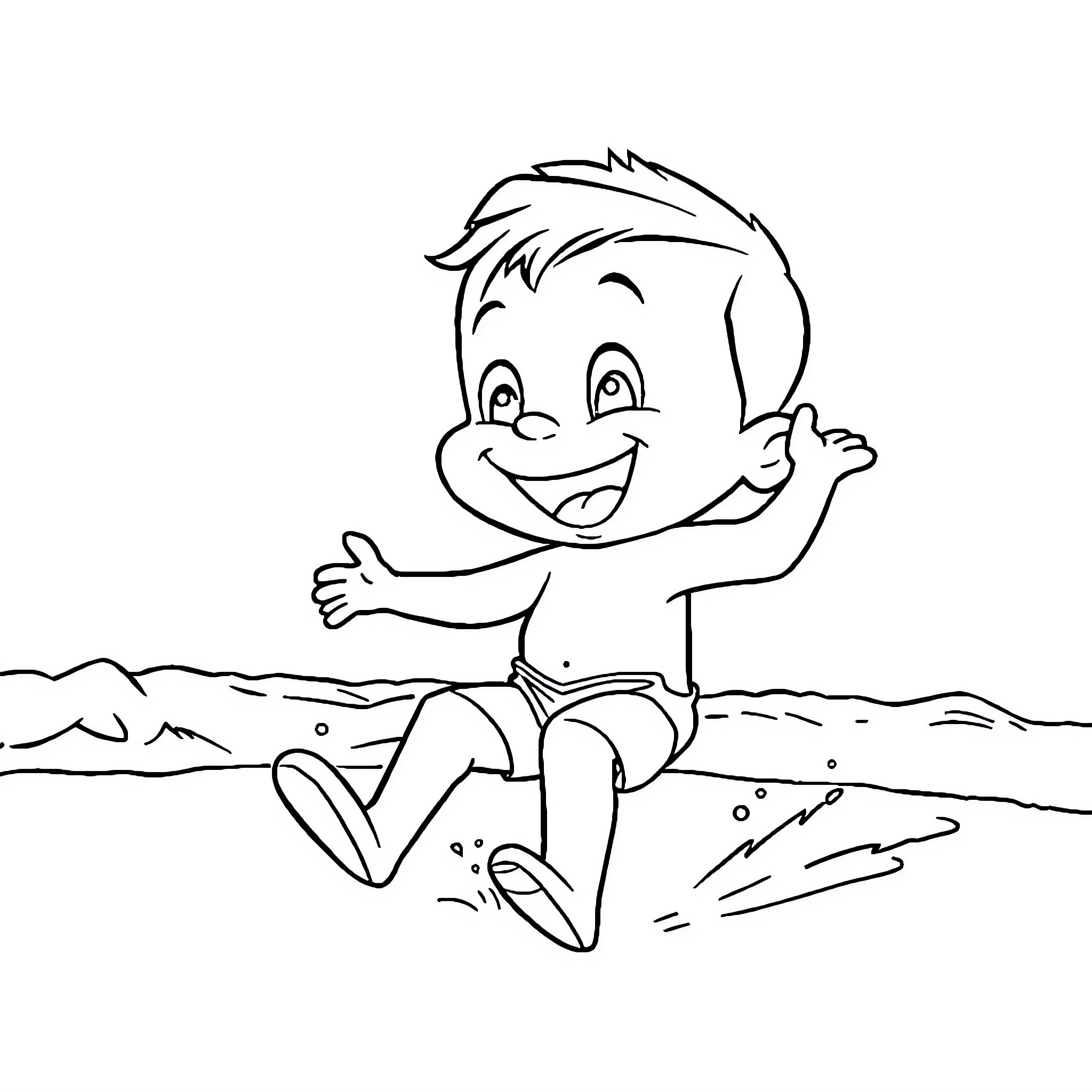 Character playing happily in the water Coloring Page (free black-and-white line drawing printable PDF for all, from beginners to advanced learners, including children, teens, adults, and seniors)