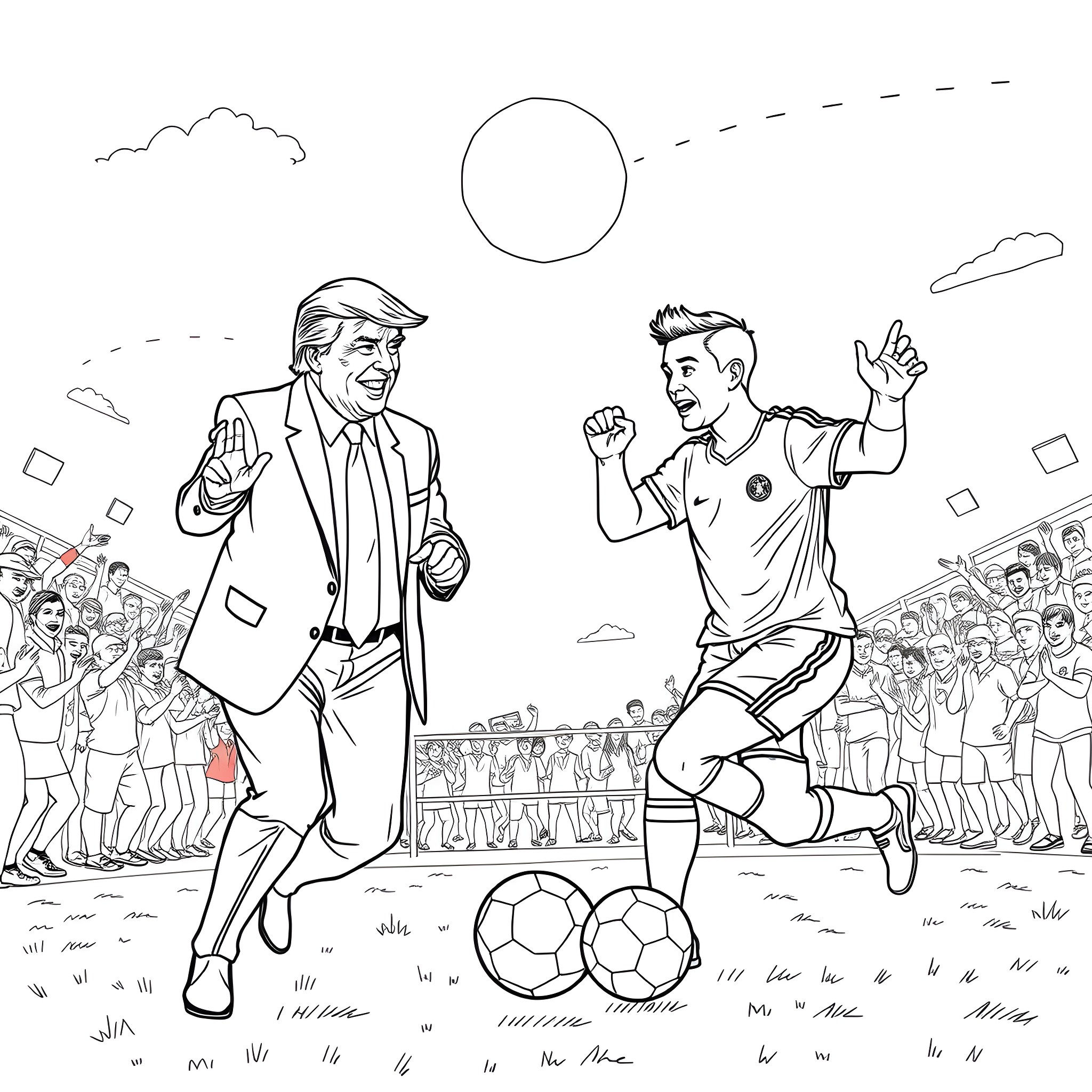 Donald Trump playing soccer with a young athlete Coloring Page (free black-and-white line drawing printable PDF for all, from beginners to advanced learners, including children, teens, adults, and seniors)