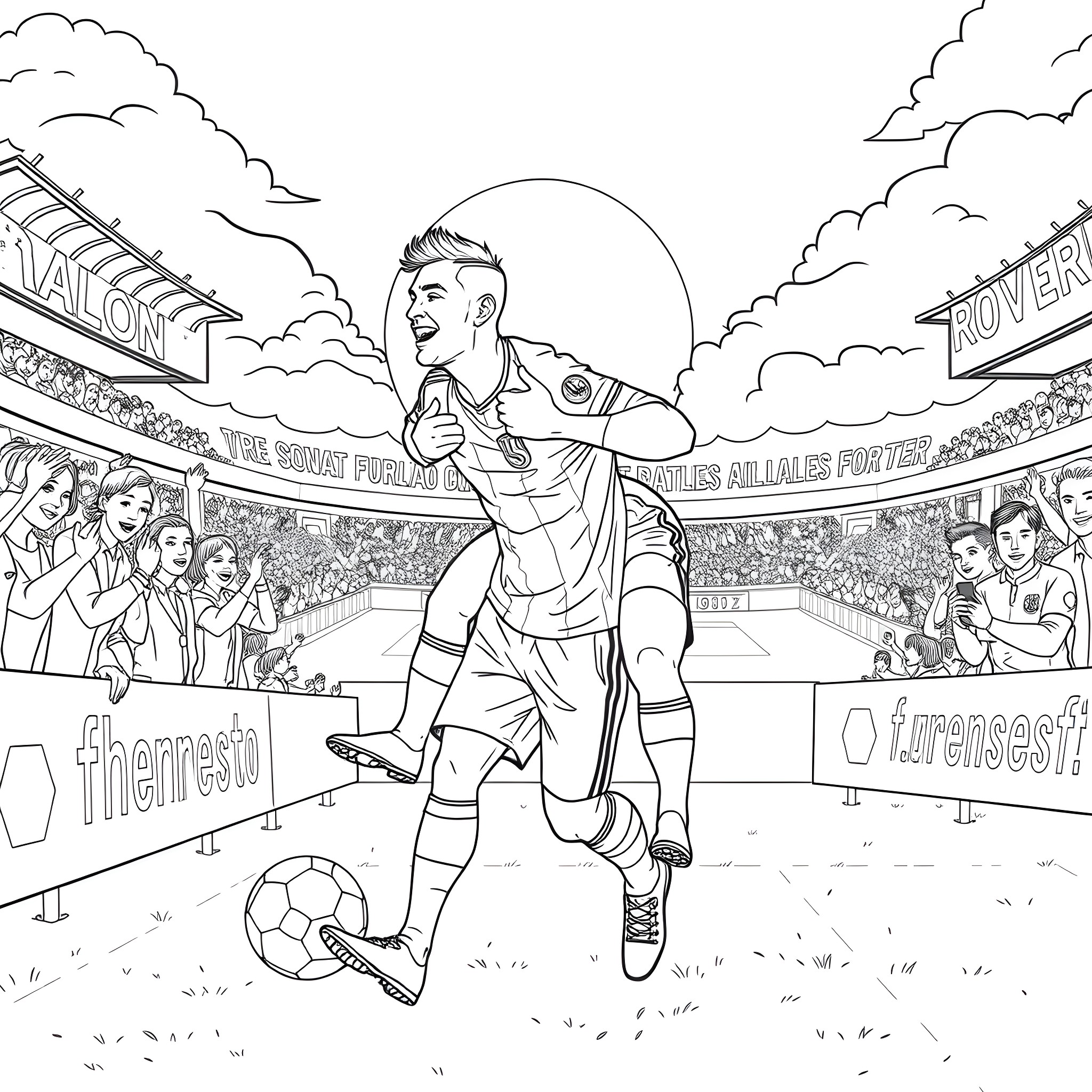 Ronaldo celebrating a goal in the soccer stadium Coloring Page (free black-and-white line drawing printable PDF for all, from beginners to advanced learners, including children, teens, adults, and seniors)