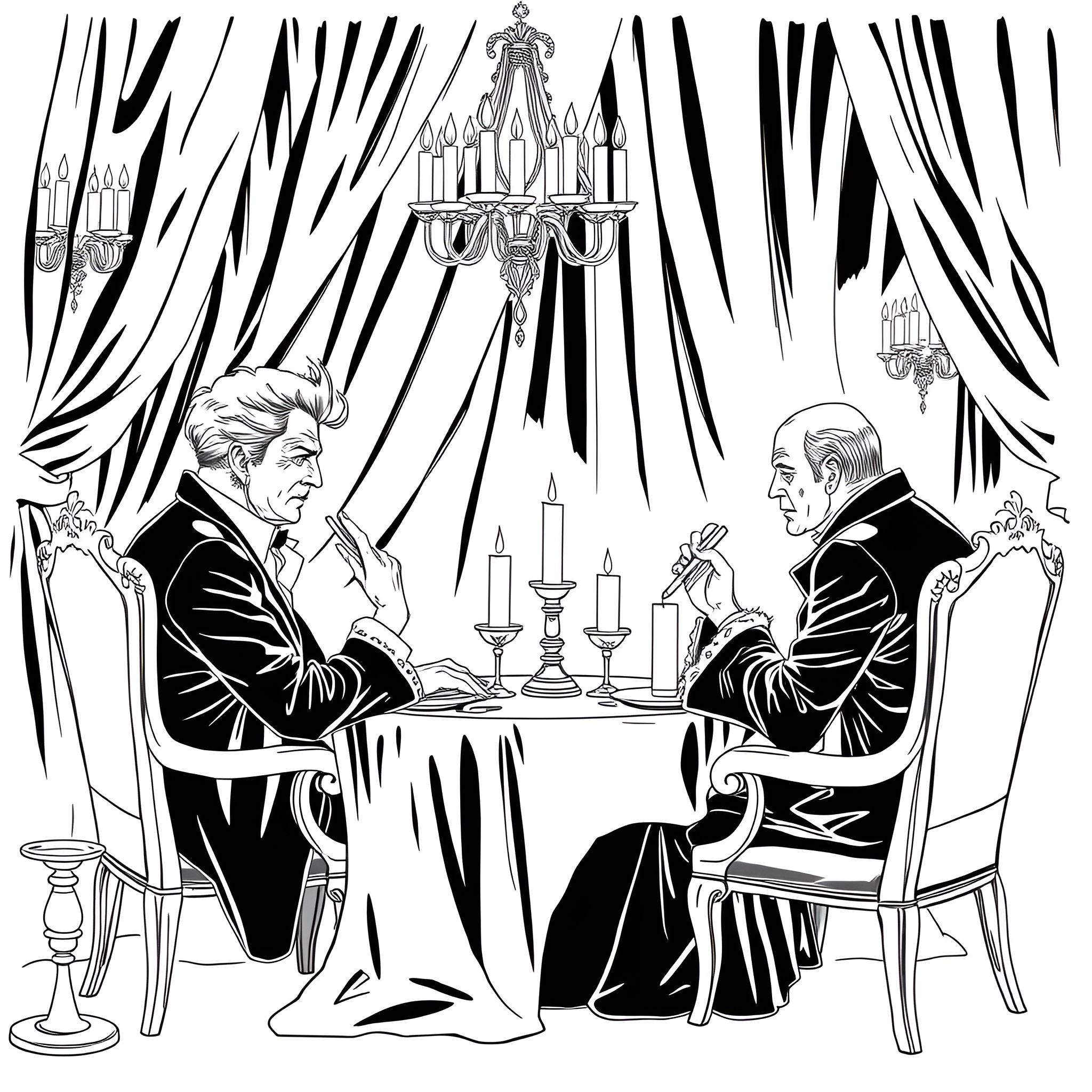 David Lynch - Two gentlemen having an intimate discussion in a lavish setting Coloring Page (free black-and-white line drawing printable PDF for all, from beginners to advanced learners, including children, teens, adults, and seniors)