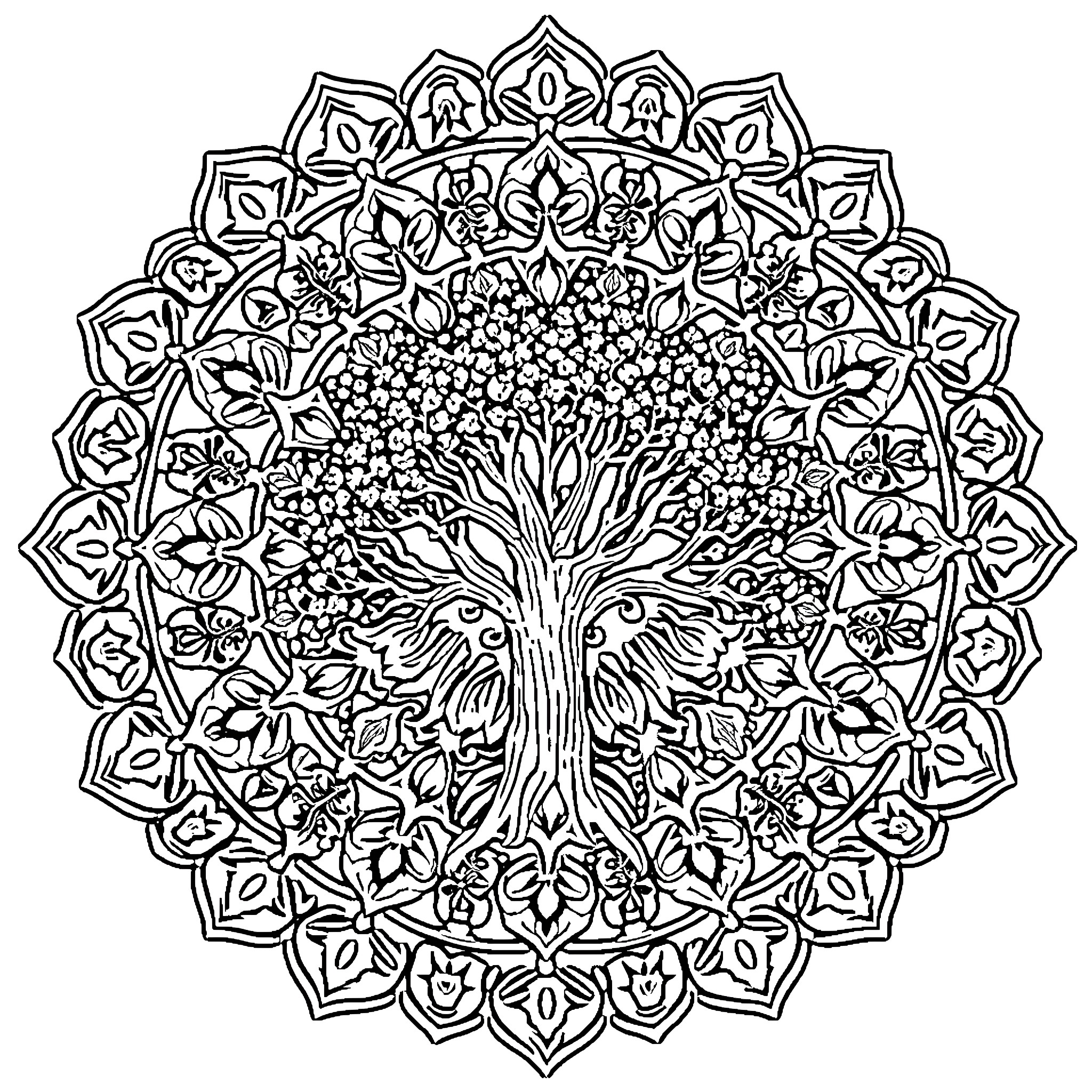 Tree of Life Ornate Floral Mandala Coloring Page (free black-and-white line drawing printable PDF for all, from beginners to advanced learners, including children, teens, adults, and seniors)