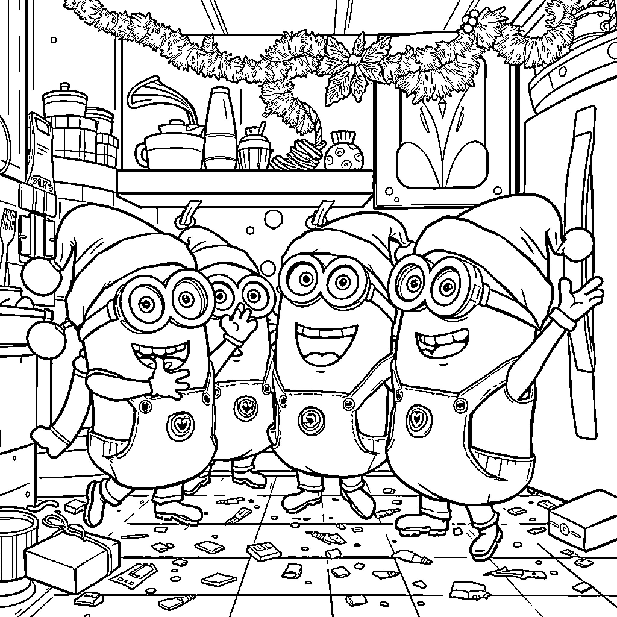 Minions causing mischief in a cluttered workshop Coloring Page (free black-and-white line drawing printable PDF for all, from beginners to advanced learners, including children, teens, adults, and seniors)