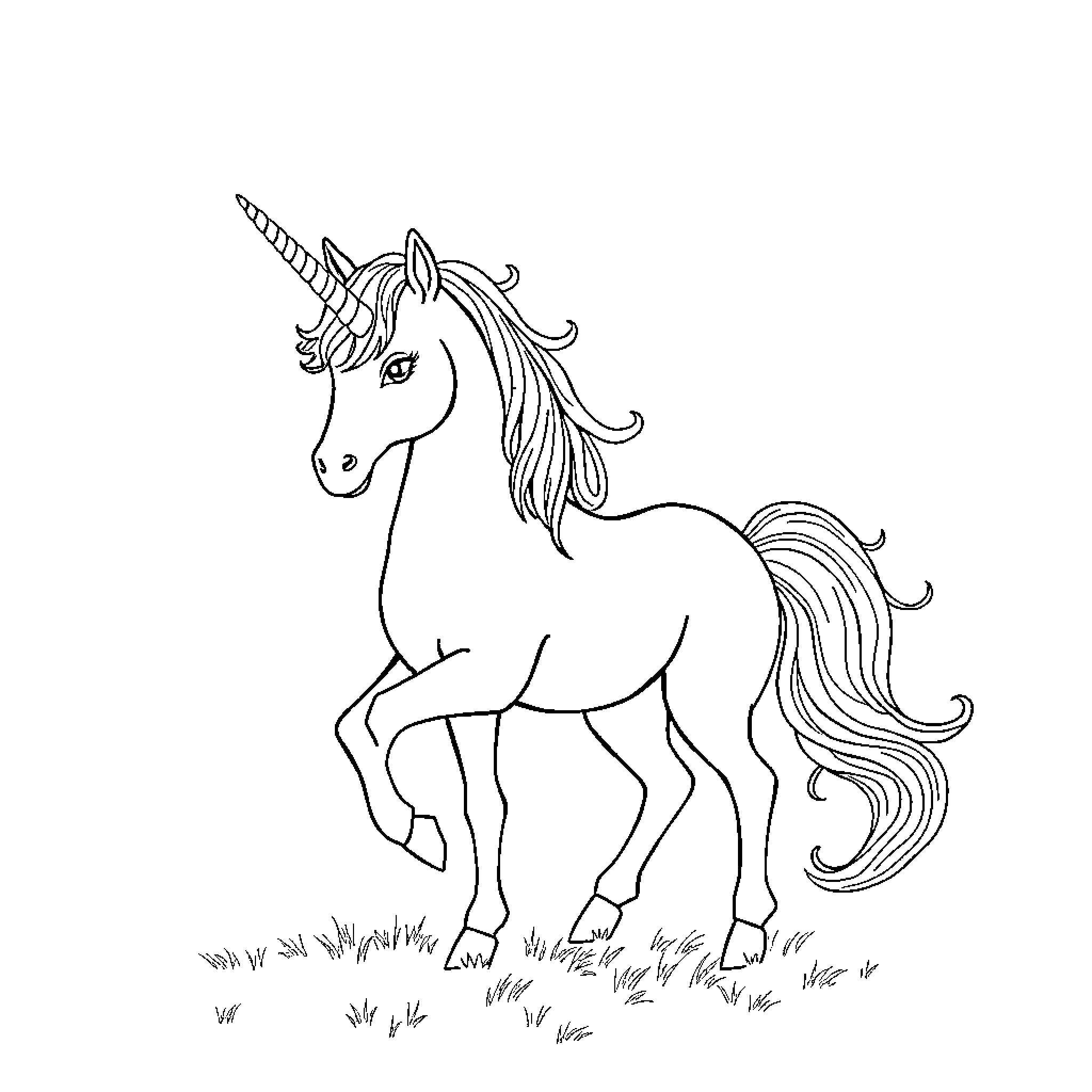 Unicorn Prancing Gracefully in Meadow Coloring Page (free black-and-white line drawing printable PDF for all, from beginners to advanced learners, including children, teens, adults, and seniors)