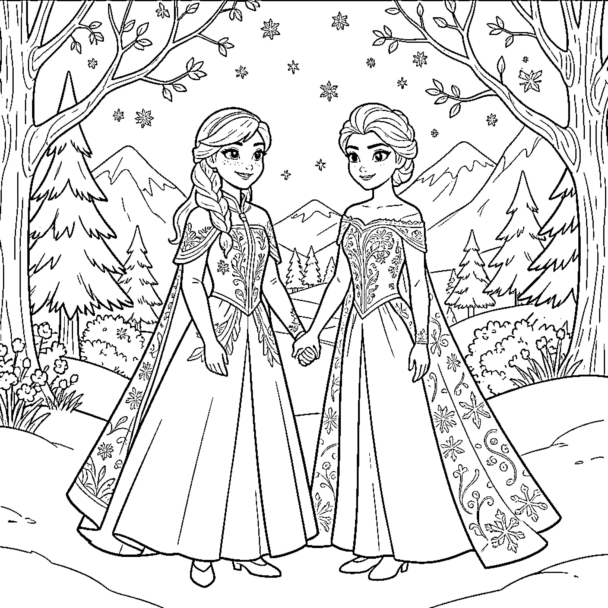 Princess Anna and Elsa holding hands in a snowy forest Coloring Page (free black-and-white line drawing printable PDF for all, from beginners to advanced learners, including children, teens, adults, and seniors)