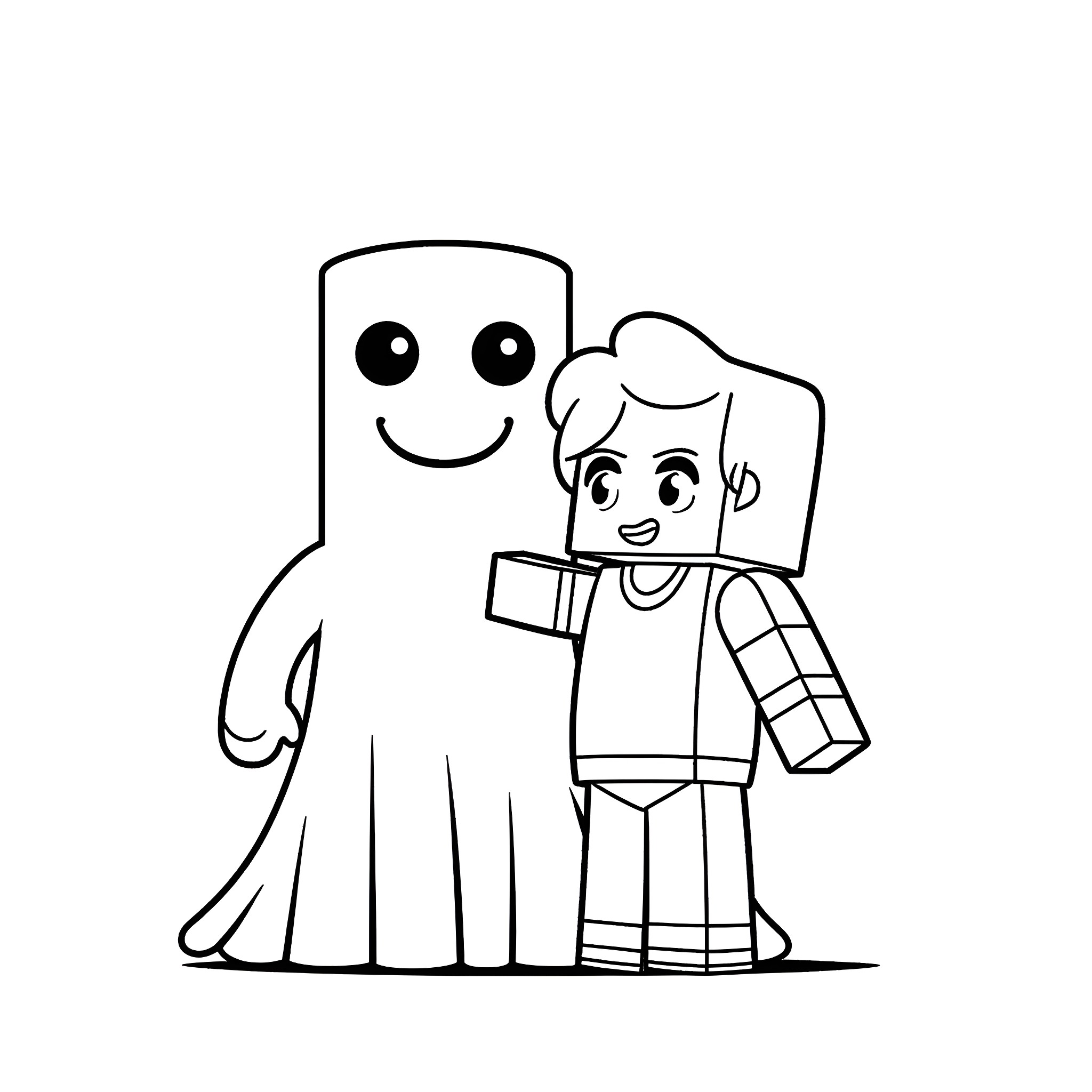 Enderman and human character in happy interaction Coloring Page (free black-and-white line drawing printable PDF for all, from beginners to advanced learners, including children, teens, adults, and seniors)
