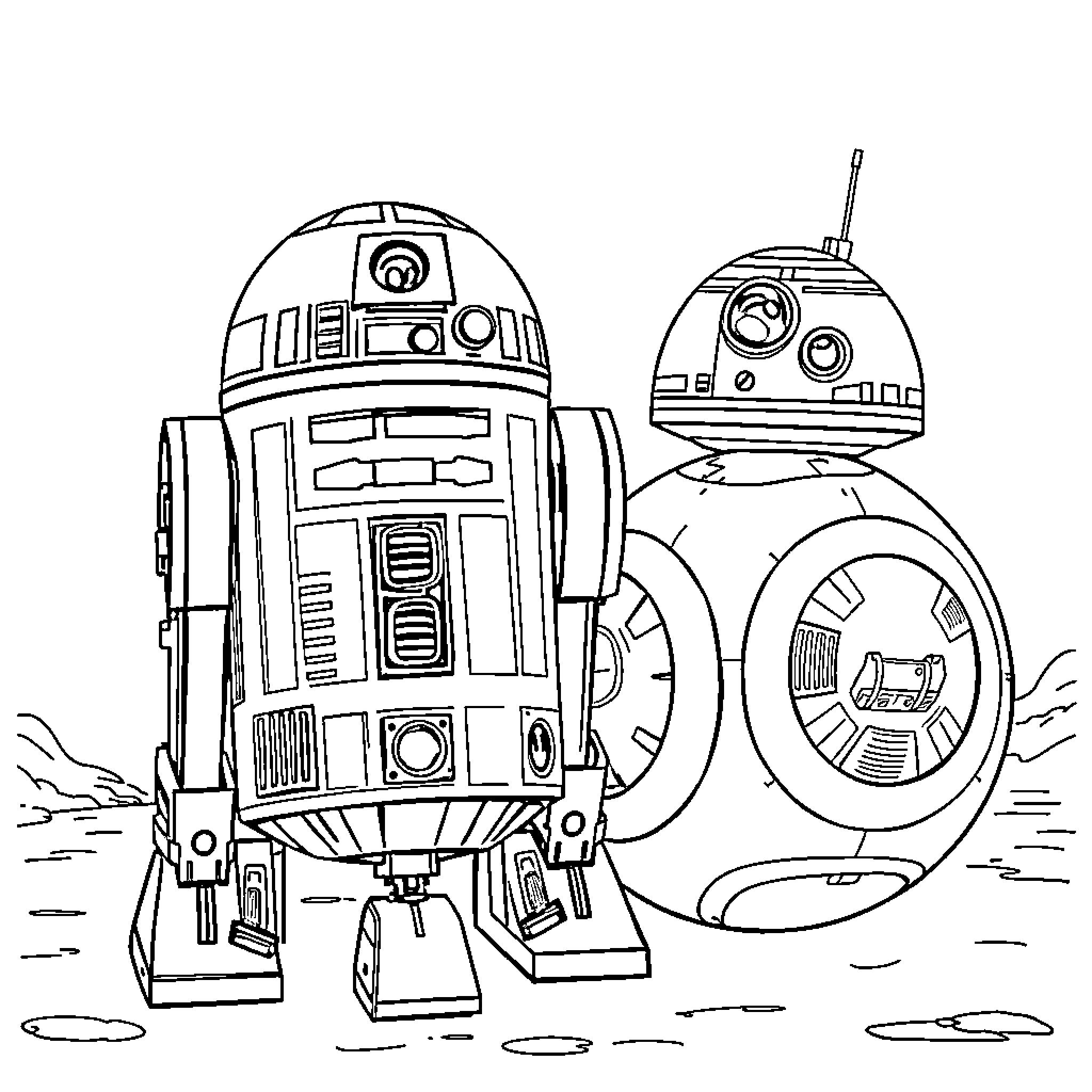 R2-D2 and BB-8 Robots in Sci-Fi Adventure Coloring Page (free black-and-white line drawing printable PDF for all, from beginners to advanced learners, including children, teens, adults, and seniors)