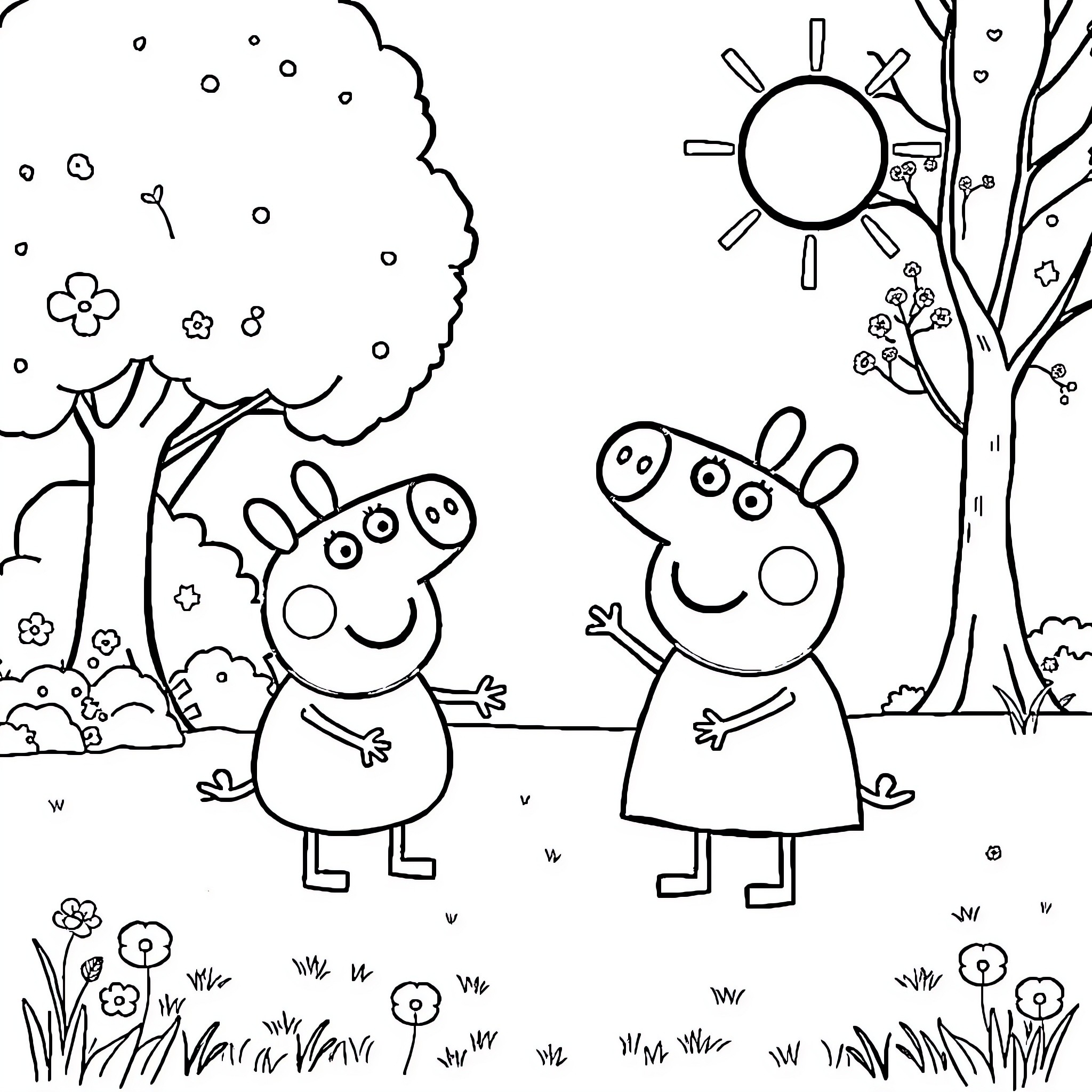 Bluey and Peppa Pig exploring the outdoors Coloring Page (free black-and-white line drawing printable PDF for all, from beginners to advanced learners, including children, teens, adults, and seniors)