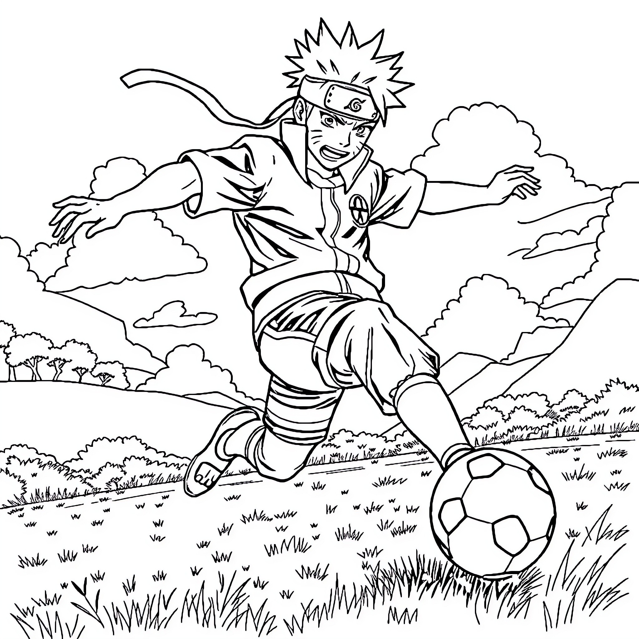 Naruto kicking a soccer ball on the field Coloring Page (free black-and-white line drawing printable PDF for all, from beginners to advanced learners, including children, teens, adults, and seniors)
