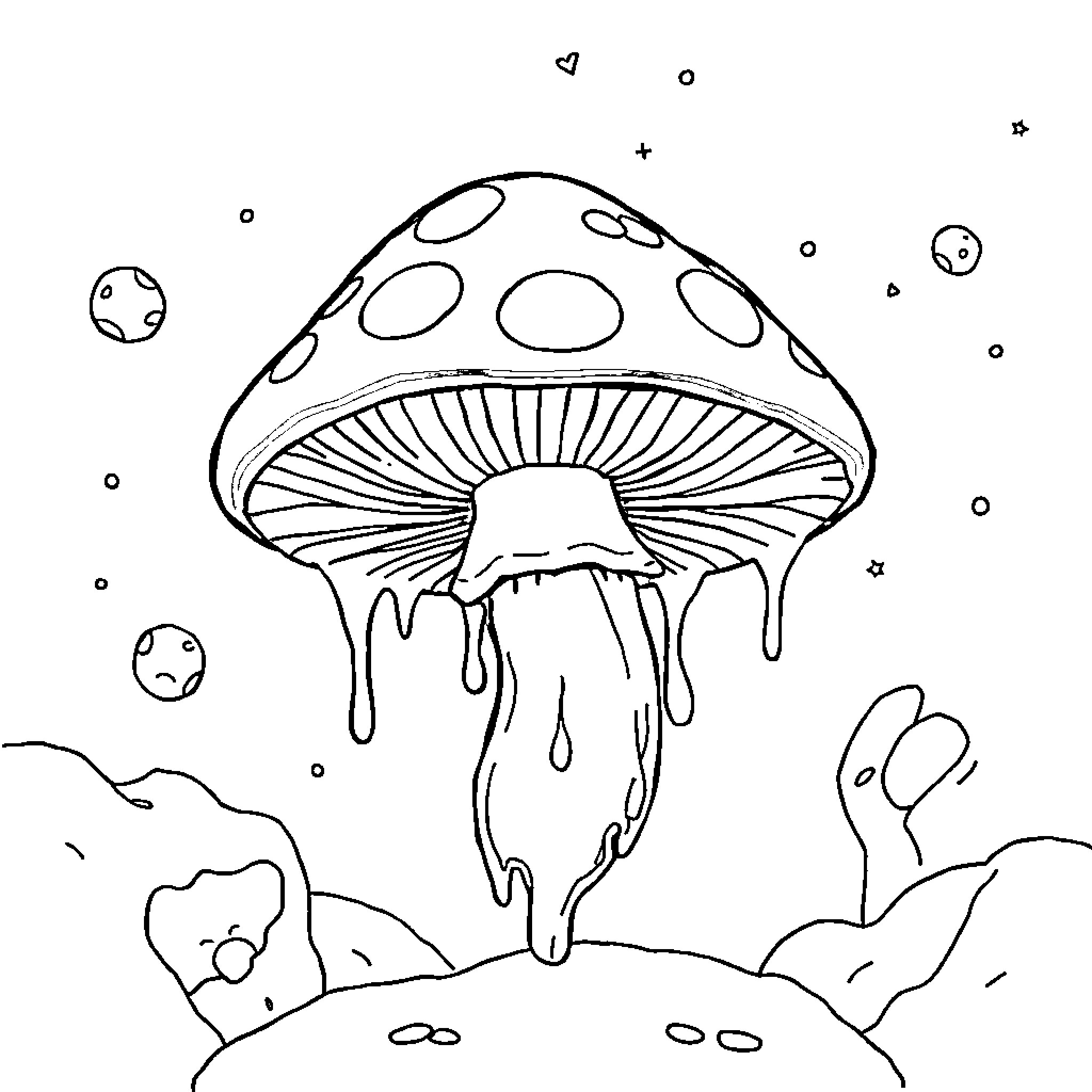 Mushroom releasing spores in the night Coloring Page (free black-and-white line drawing printable PDF for all, from beginners to advanced learners, including children, teens, adults, and seniors)