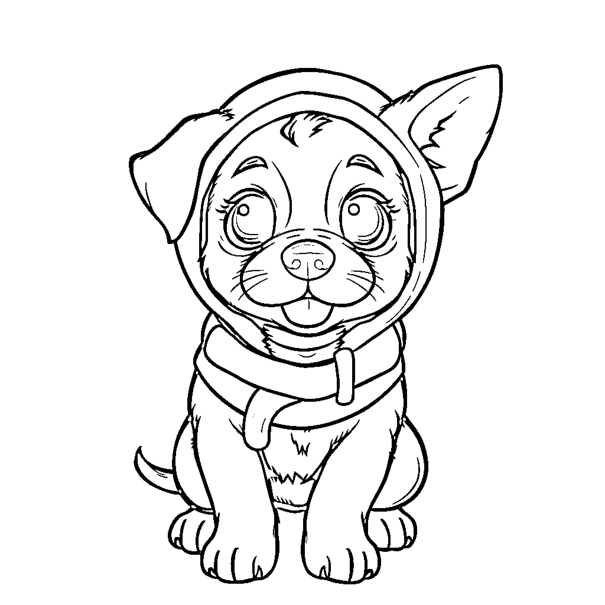 Dog wearing a scarf and looking happy Coloring Page (free black-and-white line drawing printable PDF for all, from beginners to advanced learners, including children, teens, adults, and seniors)
