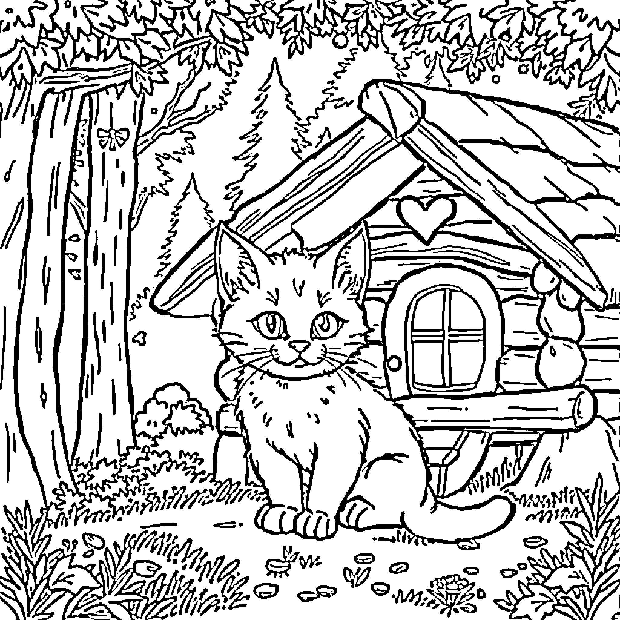 Chat with a Curious Cat in the Cozy Cabin Coloring Page (free black-and-white line drawing printable PDF for all, from beginners to advanced learners, including children, teens, adults, and seniors)