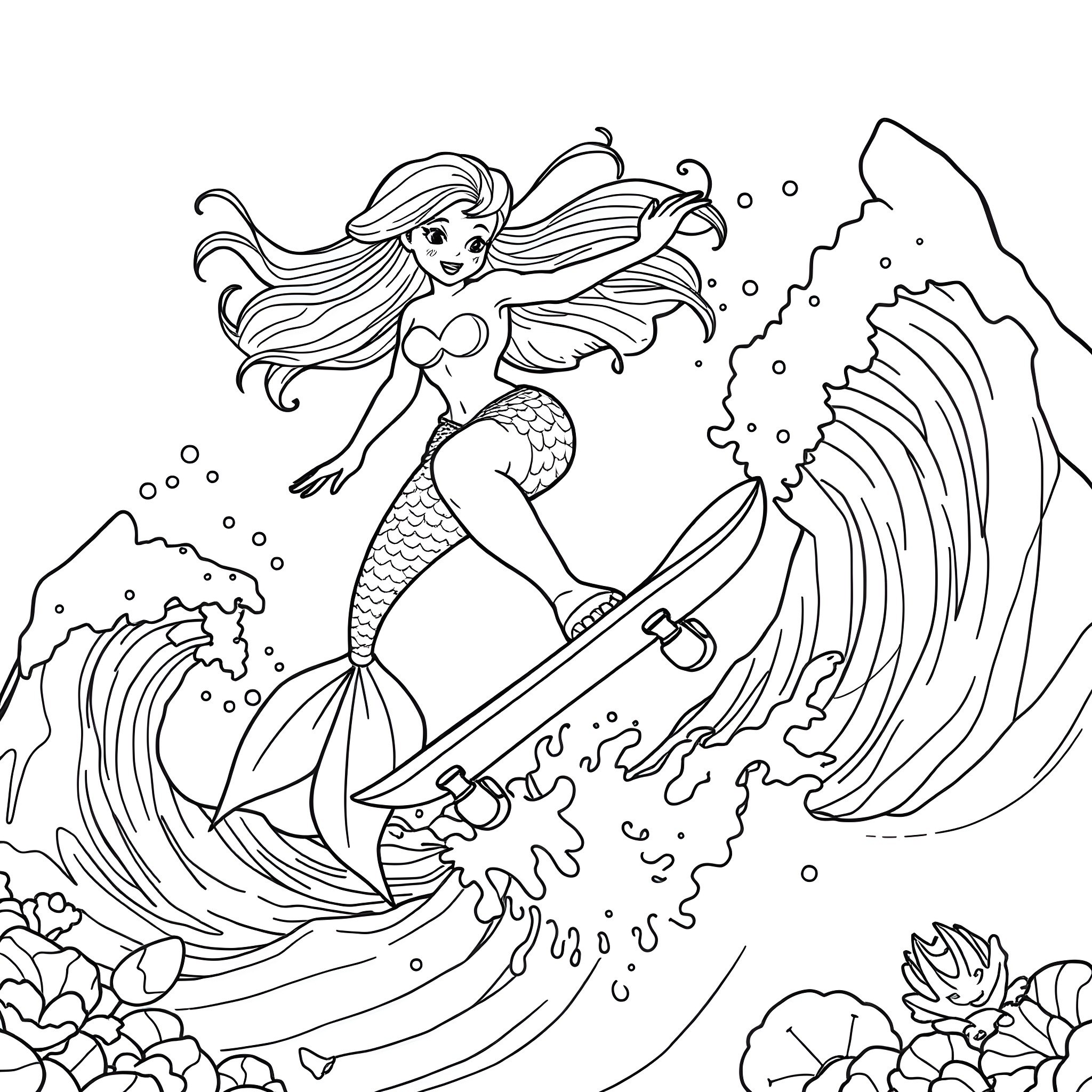 Mermaid riding the waves with her tail Coloring Page (free black-and-white line drawing printable PDF for all, from beginners to advanced learners, including children, teens, adults, and seniors)
