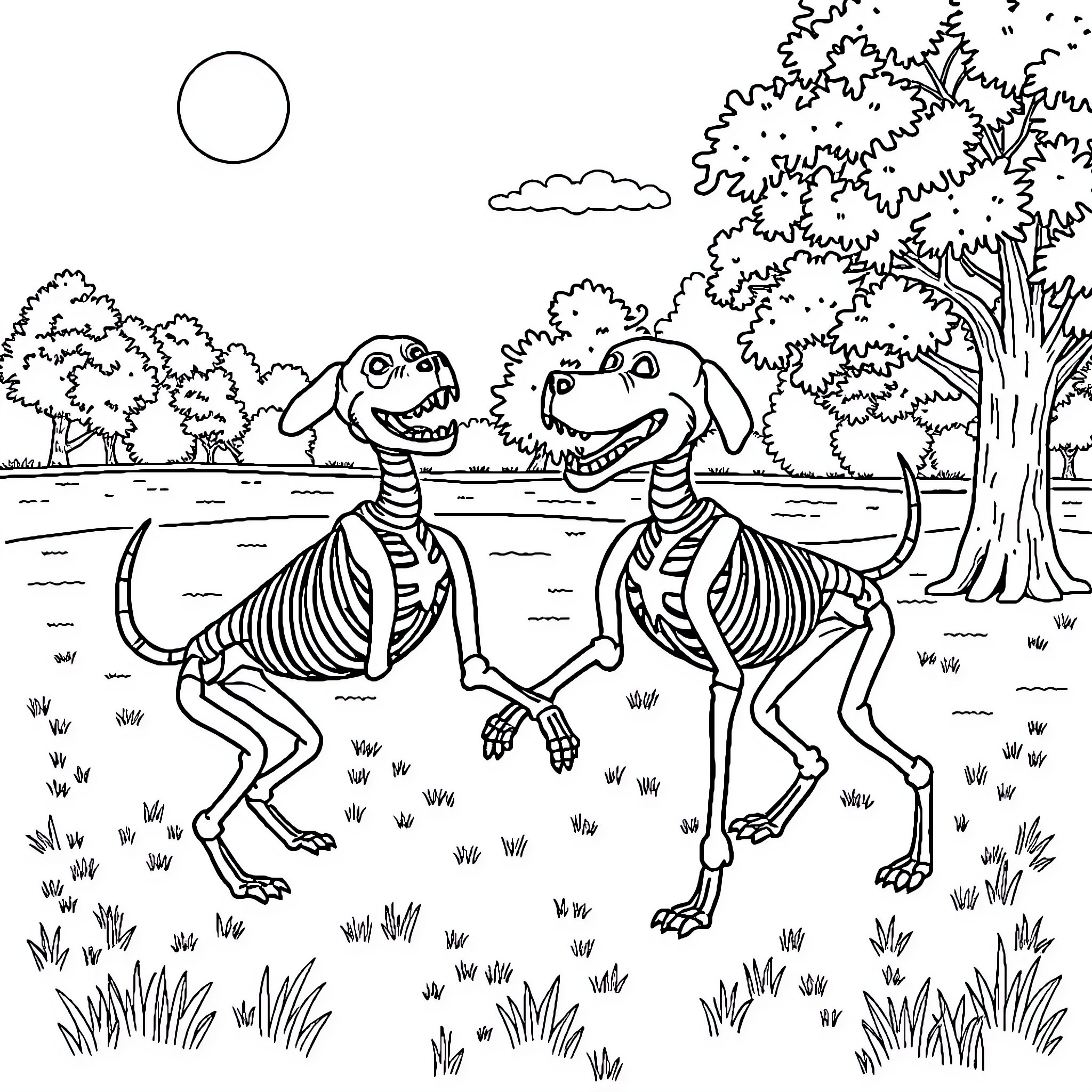 Dog skeleton friends playing in nature Coloring Page (free black-and-white line drawing printable PDF for all, from beginners to advanced learners, including children, teens, adults, and seniors)