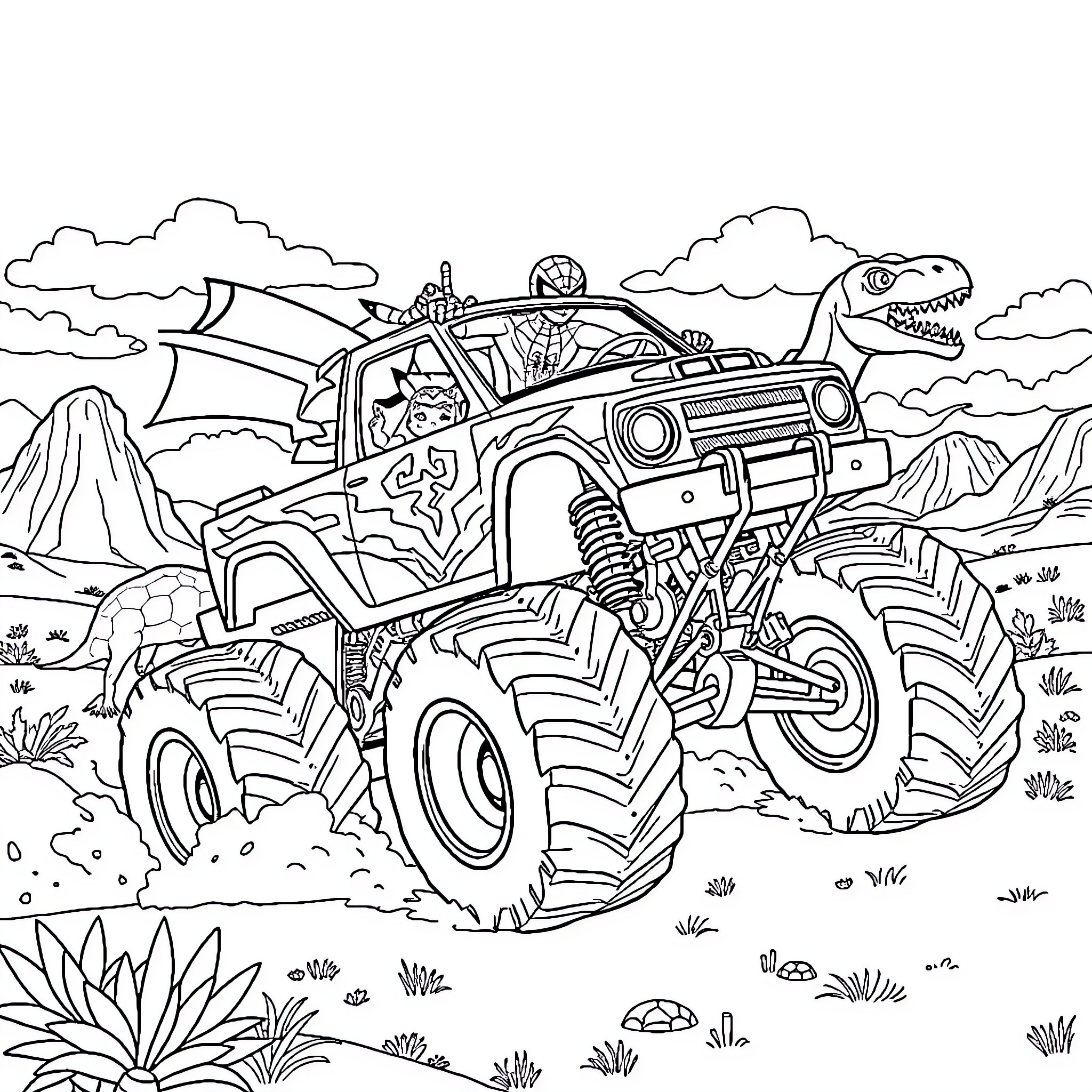 Pikachu Riding a Powerful Monster Truck in the Wild Coloring Page (free black-and-white line drawing printable PDF for all, from beginners to advanced learners, including children, teens, adults, and seniors)