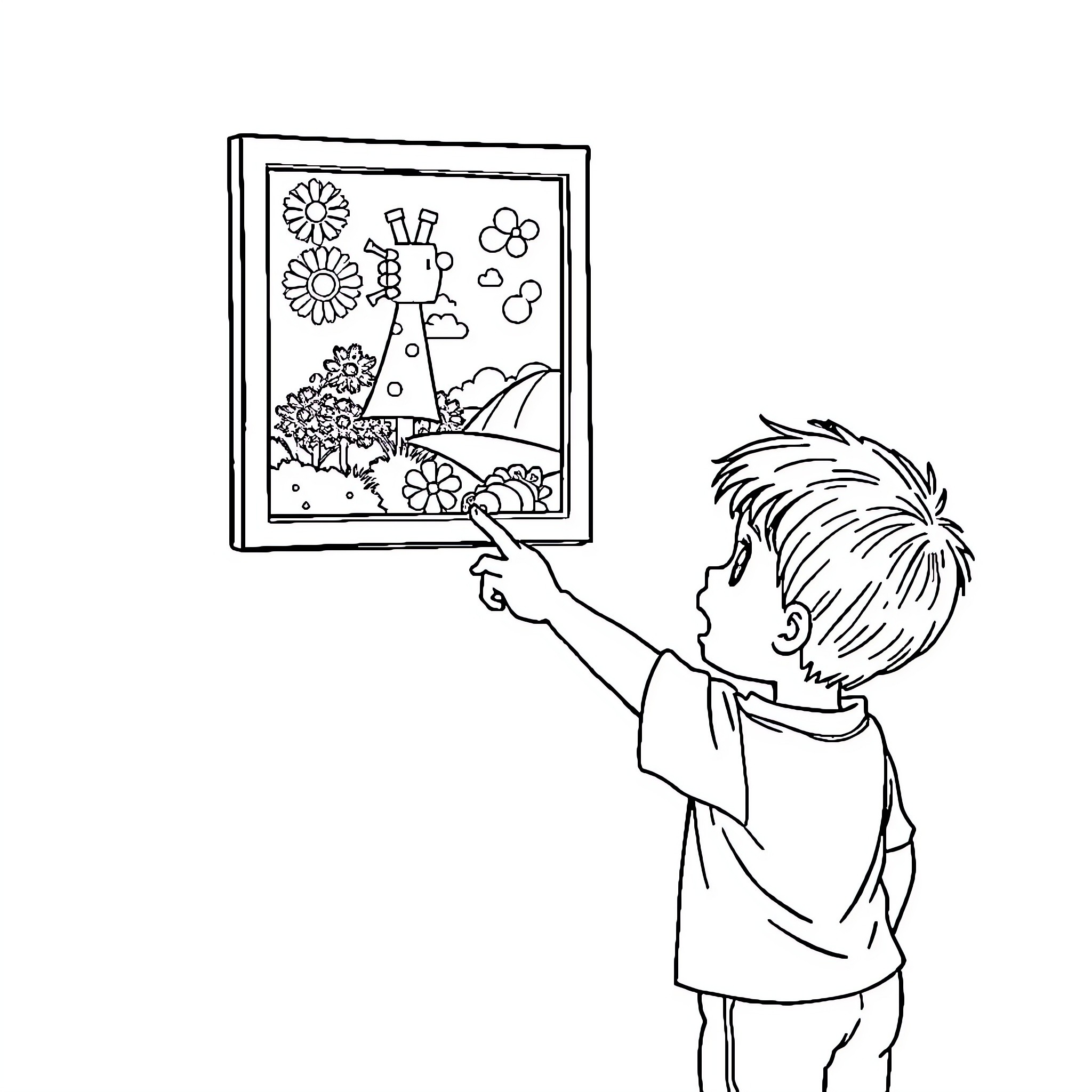 Boy admiring coloring page with nature scene Coloring Page (free black-and-white line drawing printable PDF for all, from beginners to advanced learners, including children, teens, adults, and seniors)