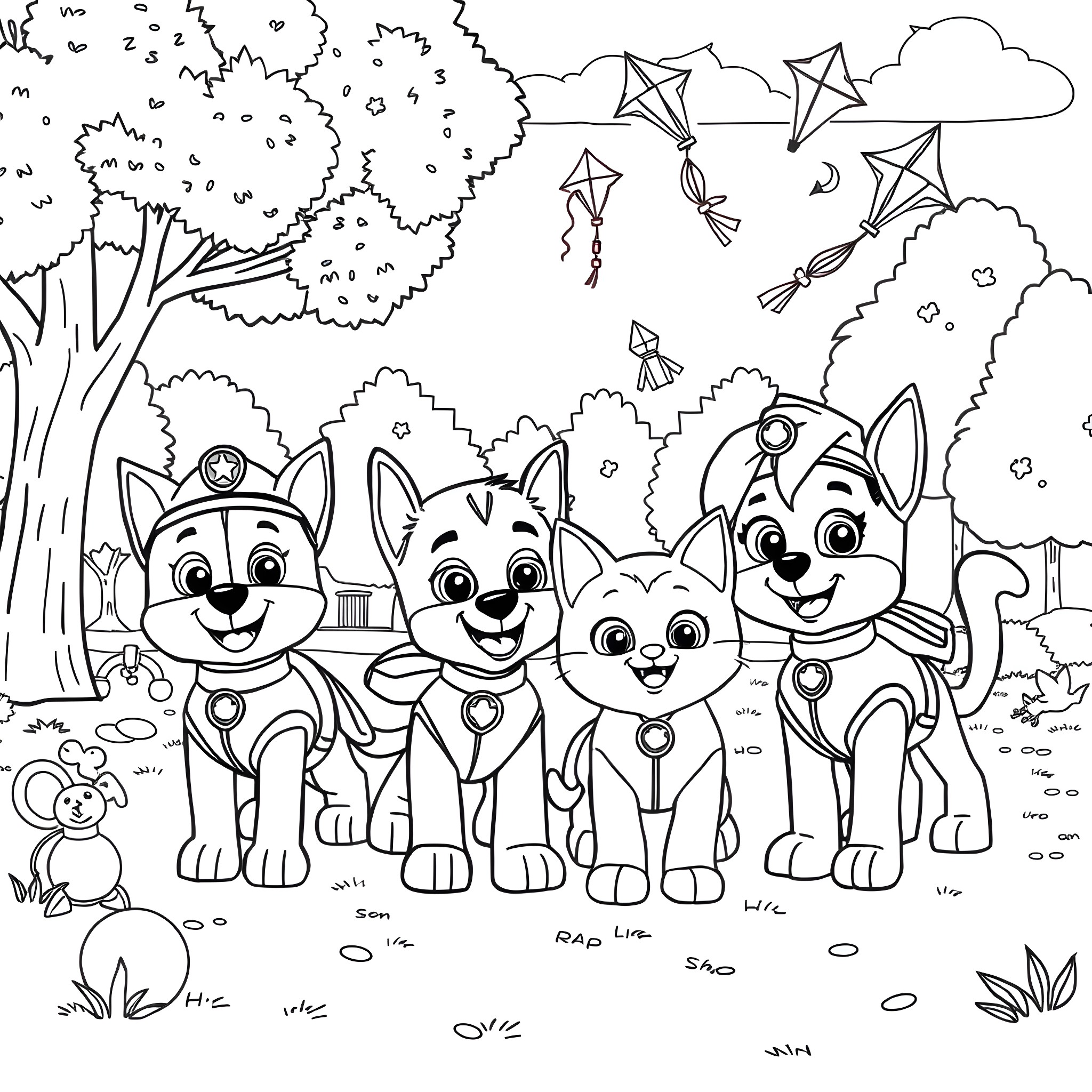 Paw Patrol Pups Playing in the Park Coloring Page (free black-and-white line drawing printable PDF for all, from beginners to advanced learners, including children, teens, adults, and seniors)