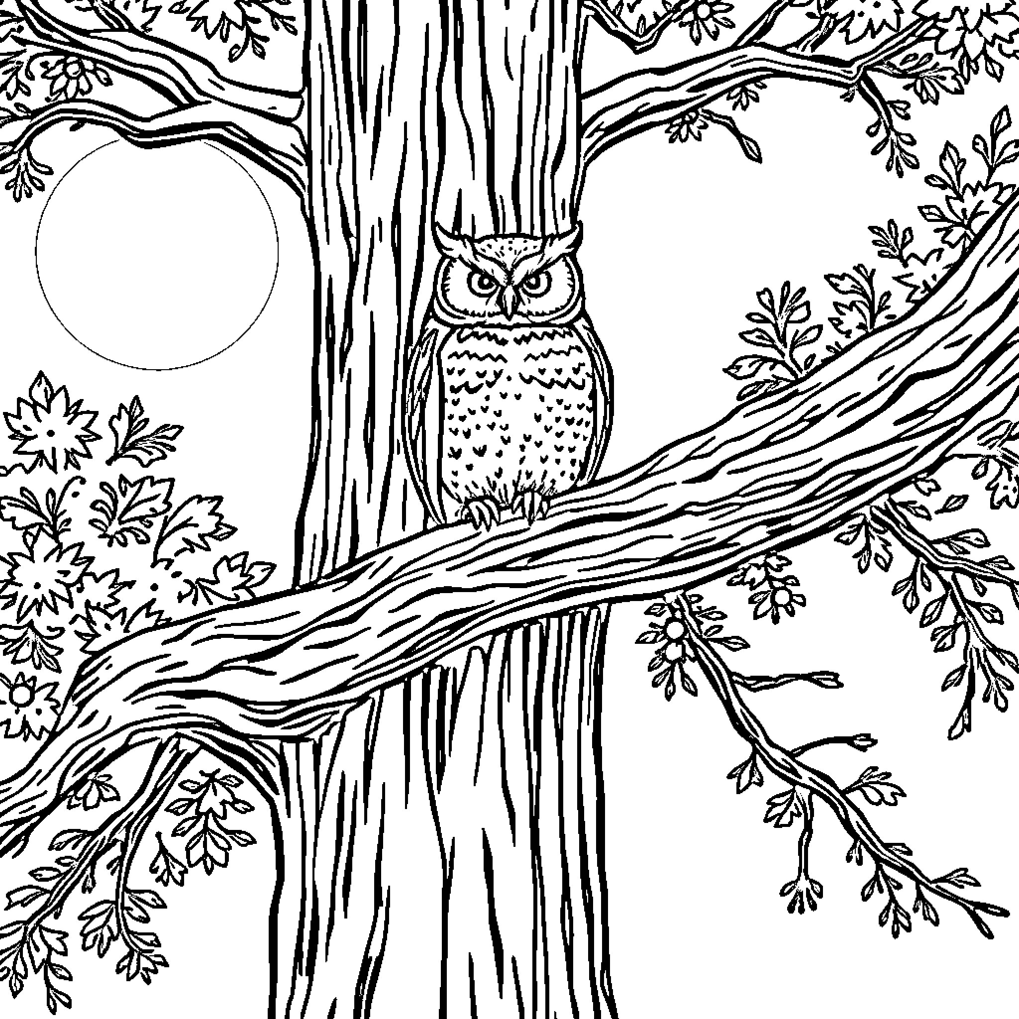 Owl perched on a tree branch in the moonlight Coloring Page (free black-and-white line drawing printable PDF for all, from beginners to advanced learners, including children, teens, adults, and seniors)