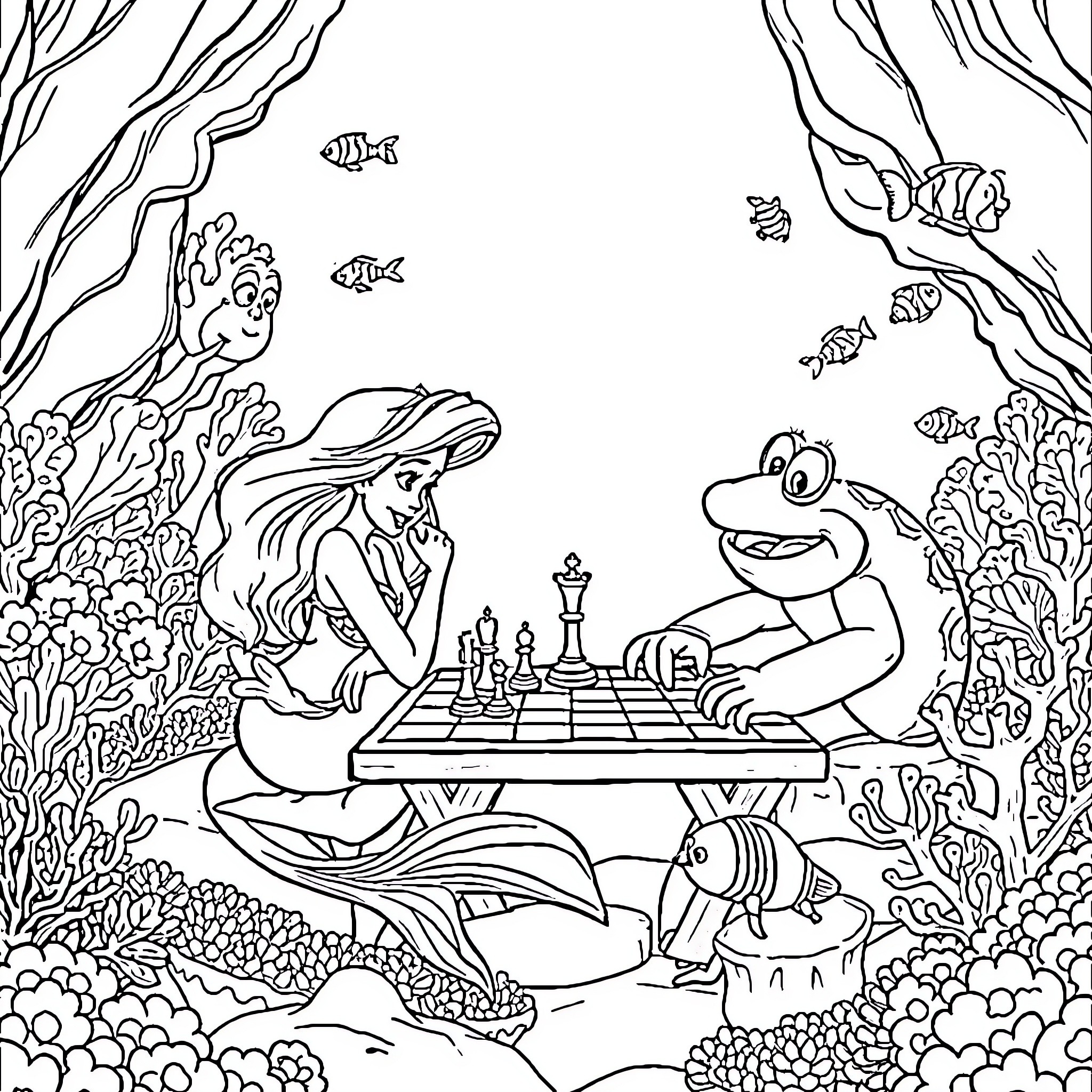 Mermaid playing chess with a frog under the sea Coloring Page (free black-and-white line drawing printable PDF for all, from beginners to advanced learners, including children, teens, adults, and seniors)