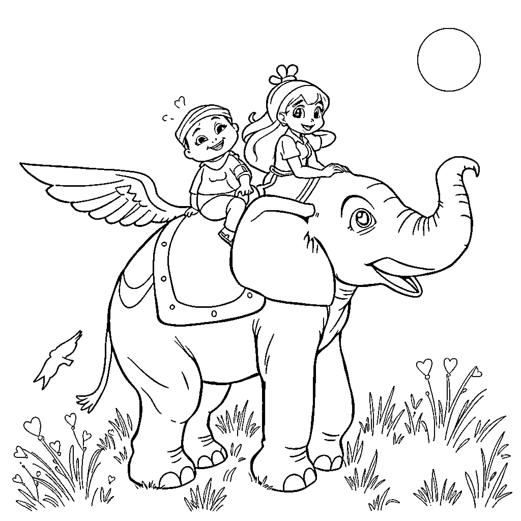 Turtle Riding Elephant with Children Coloring Page (free black-and-white line drawing printable PDF for all, from beginners to advanced learners, including children, teens, adults, and seniors)