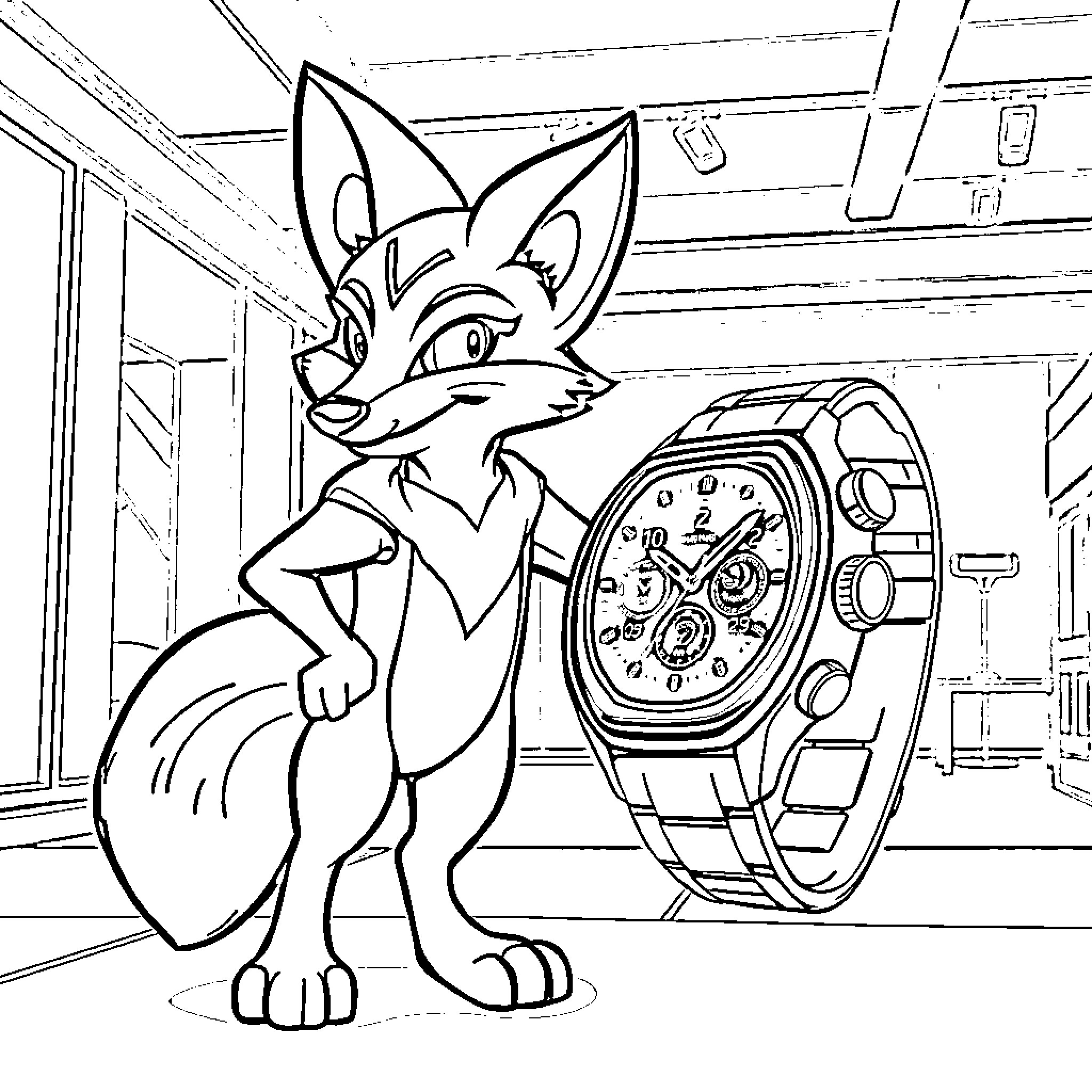 Fox examining a complex mechanical device Coloring Page (free black-and-white line drawing printable PDF for all, from beginners to advanced learners, including children, teens, adults, and seniors)