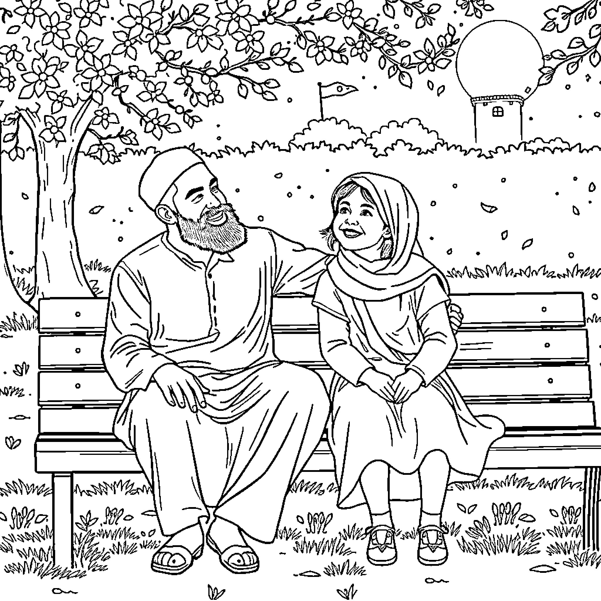 Father and daughter enjoying a peaceful moment together Coloring Page (free black-and-white line drawing printable PDF for all, from beginners to advanced learners, including children, teens, adults, and seniors)