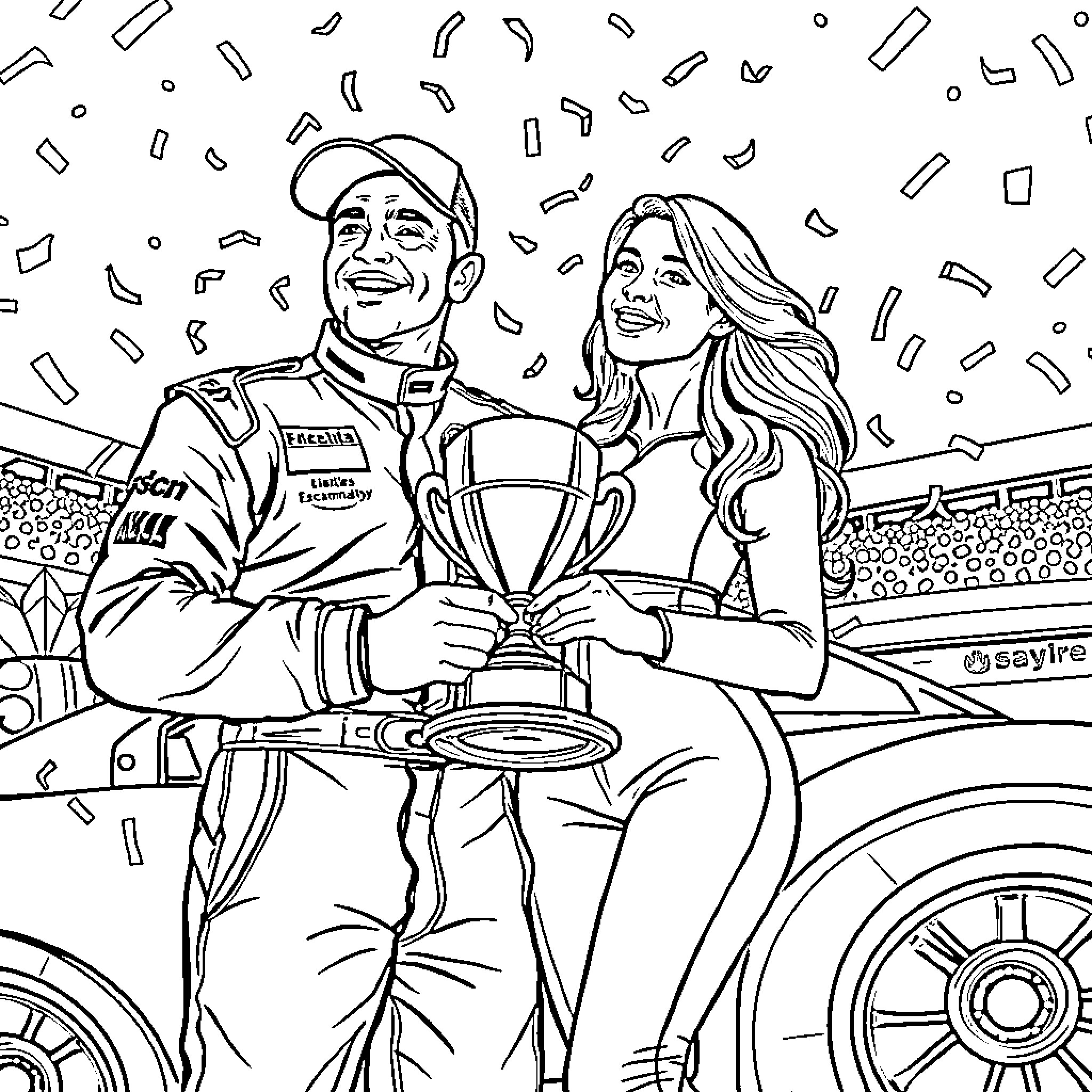 Race Car Driver Celebrates Victory with Teammate Coloring Page (free black-and-white line drawing printable PDF for all, from beginners to advanced learners, including children, teens, adults, and seniors)
