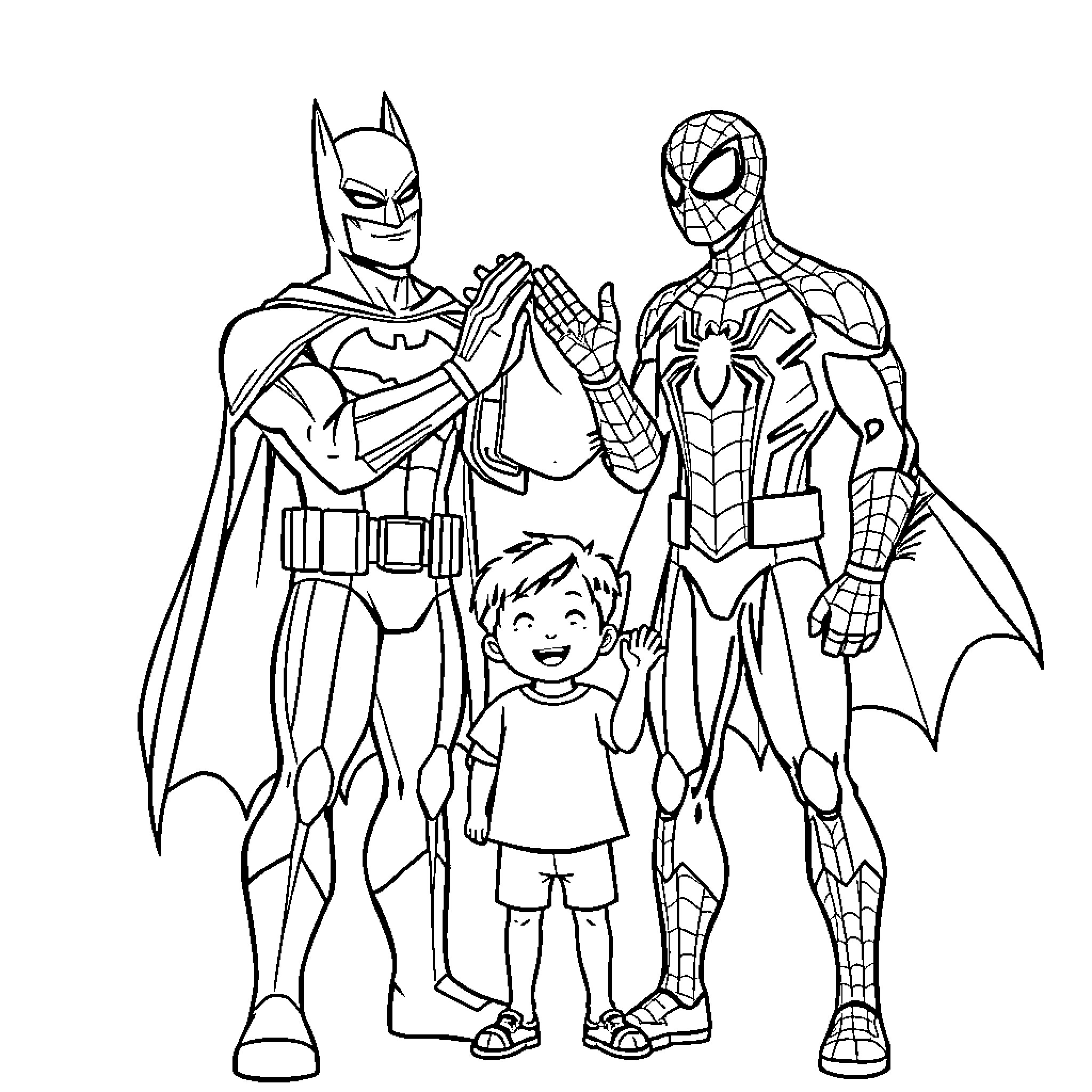 Batman and Spider-Man team up to help a young boy Coloring Page (free black-and-white line drawing printable PDF for all, from beginners to advanced learners, including children, teens, adults, and seniors)