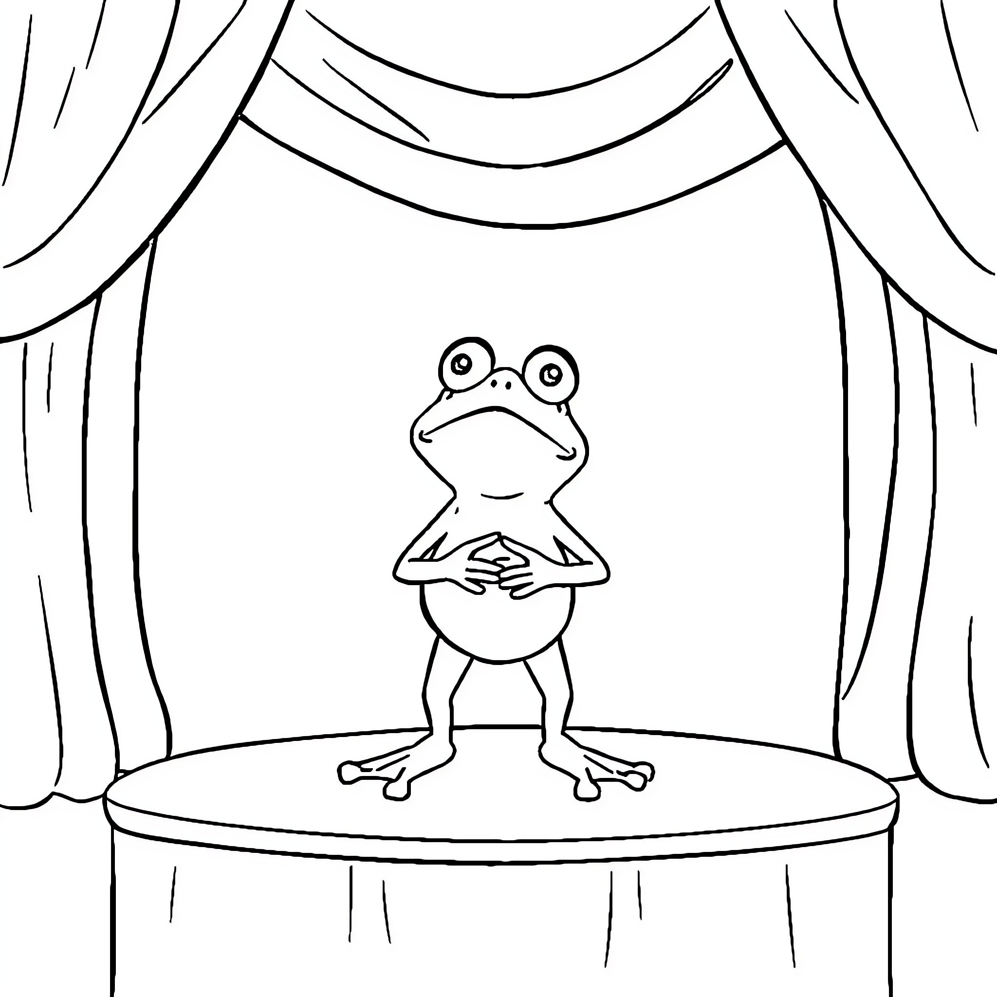 Frog performing on stage Coloring Page (free black-and-white line drawing printable PDF for all, from beginners to advanced learners, including children, teens, adults, and seniors)