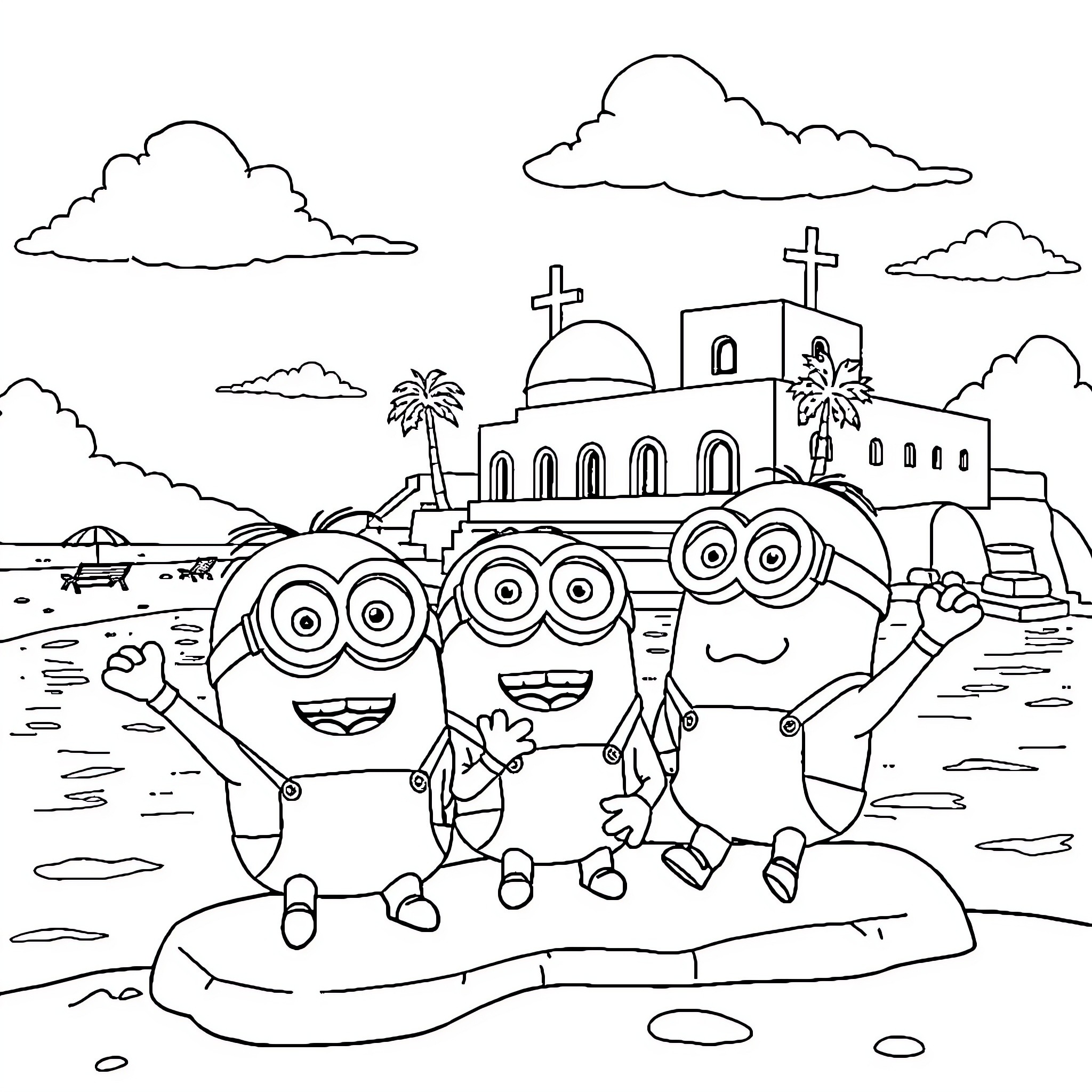 Minions enjoying a sunny day at the beach Coloring Page (free black-and-white line drawing printable PDF for all, from beginners to advanced learners, including children, teens, adults, and seniors)