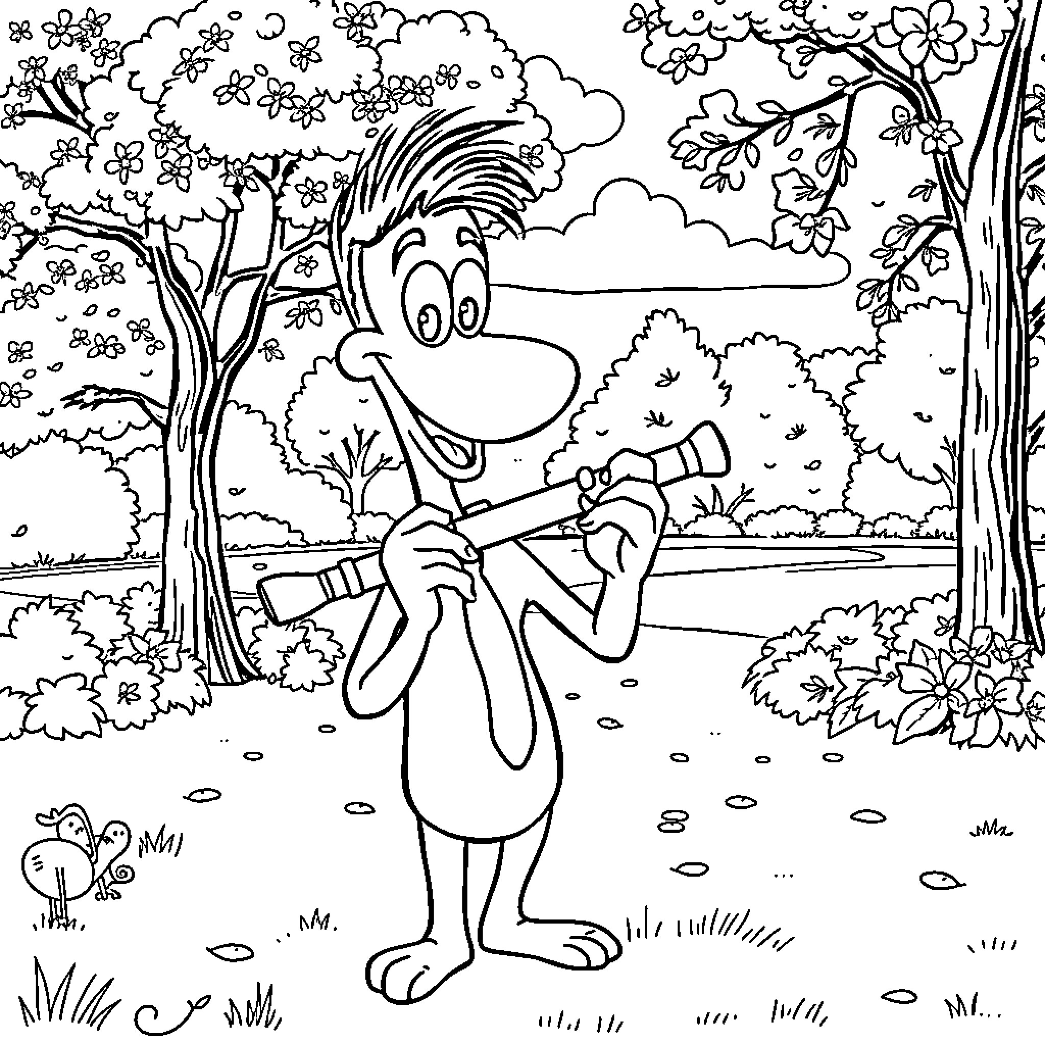 Gaston Lagaffe exploring the nature in a whimsical manner Coloring Page (free black-and-white line drawing printable PDF for all, from beginners to advanced learners, including children, teens, adults, and seniors)