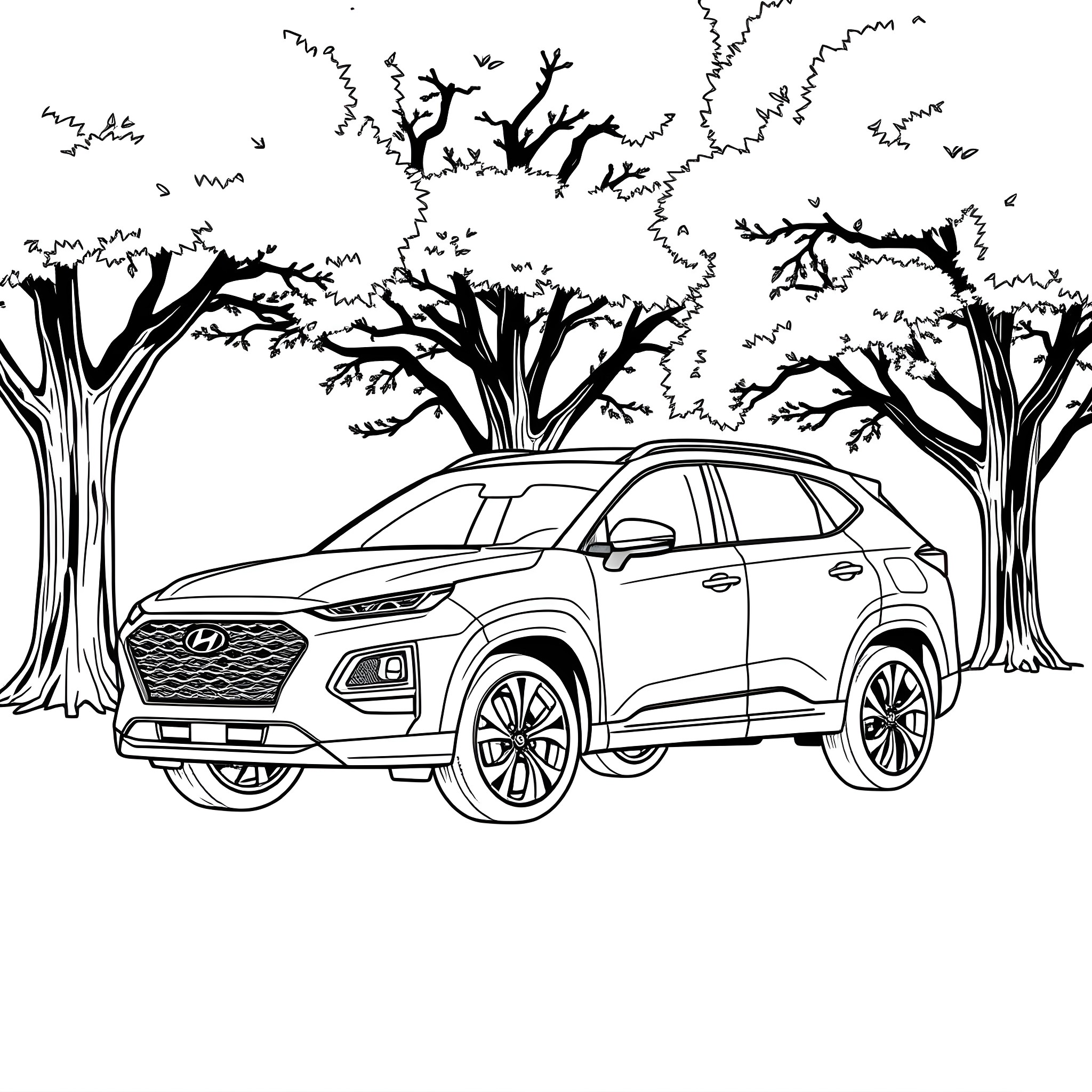 Hyundai Tucson SUV in a Serene Forest Coloring Page (free black-and-white line drawing printable PDF for all, from beginners to advanced learners, including children, teens, adults, and seniors)