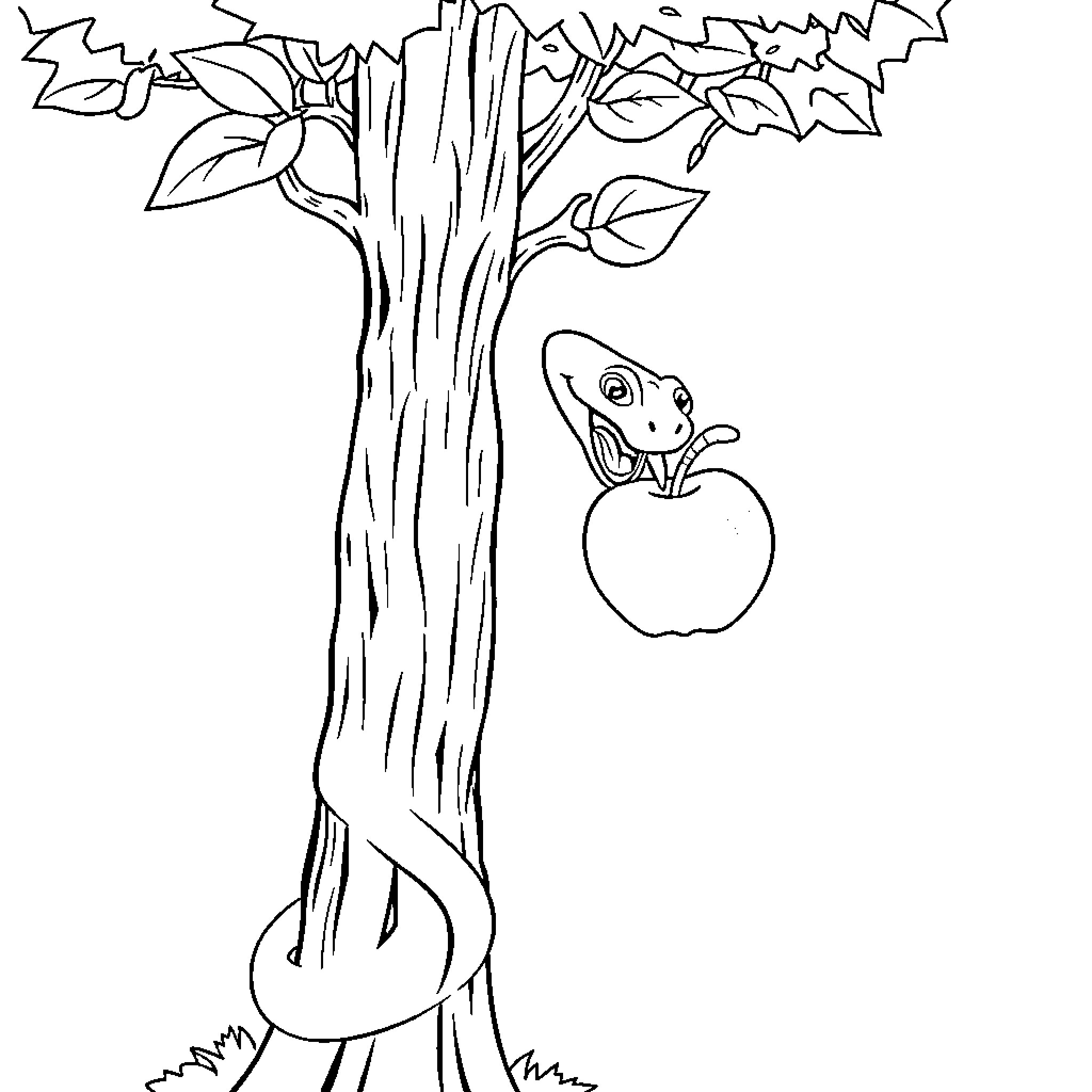 Snake emerging from apple tree Coloring Page (free black-and-white line drawing printable PDF for all, from beginners to advanced learners, including children, teens, adults, and seniors)