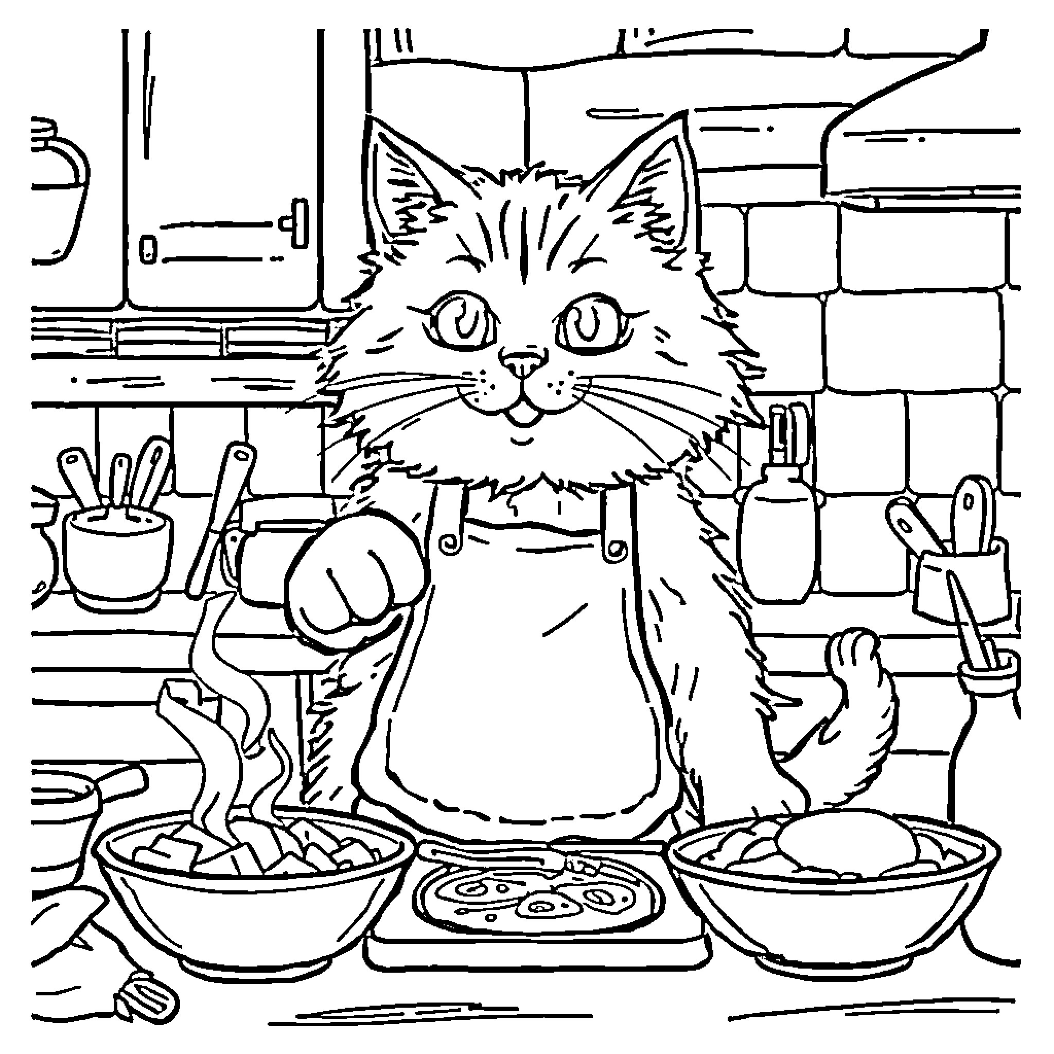 Cat Helping in the Kitchen Coloring Page (free black-and-white line drawing printable PDF for all, from beginners to advanced learners, including children, teens, adults, and seniors)
