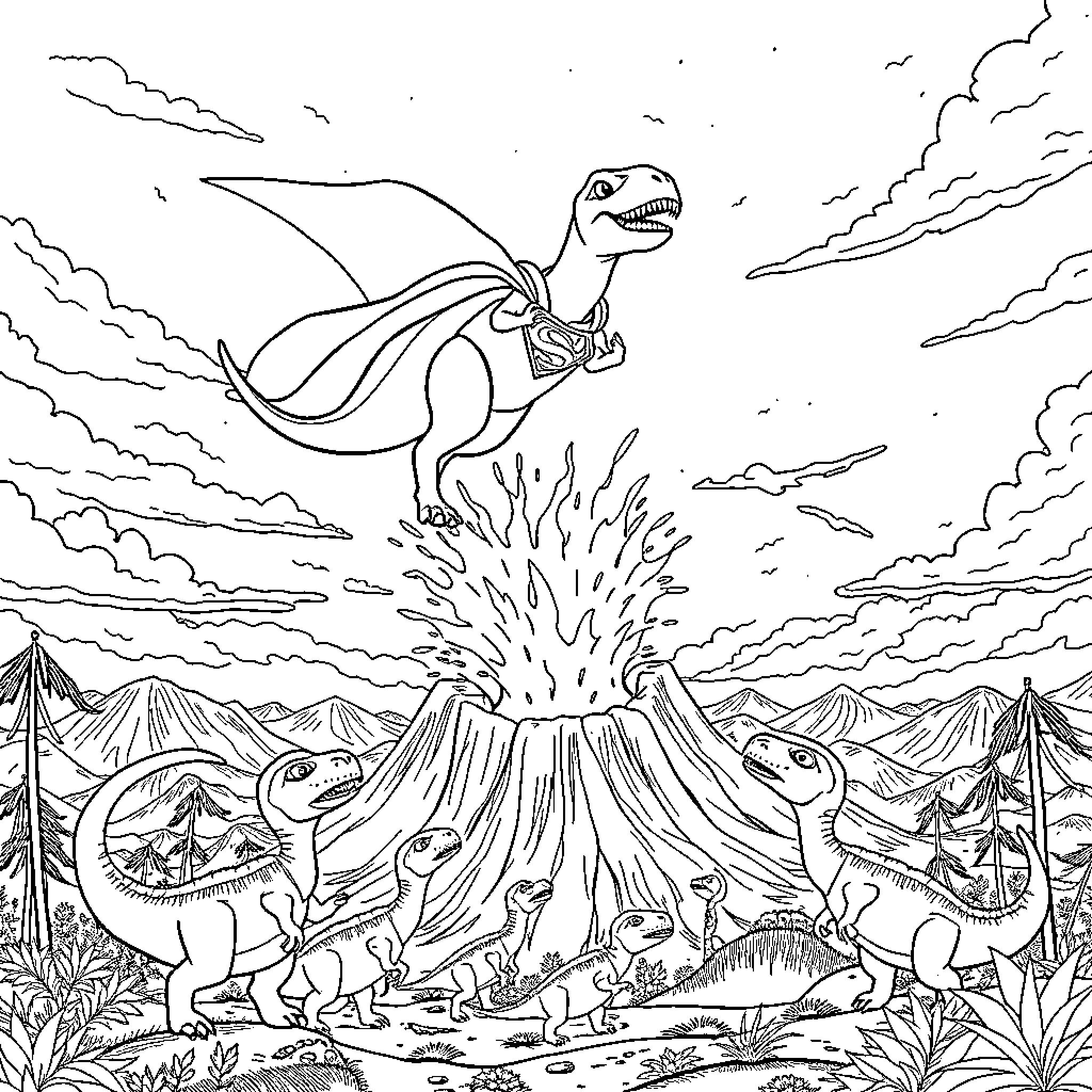 Dino soaring over erupting volcano with dinosaurs below Coloring Page (free black-and-white line drawing printable PDF for all, from beginners to advanced learners, including children, teens, adults, and seniors)
