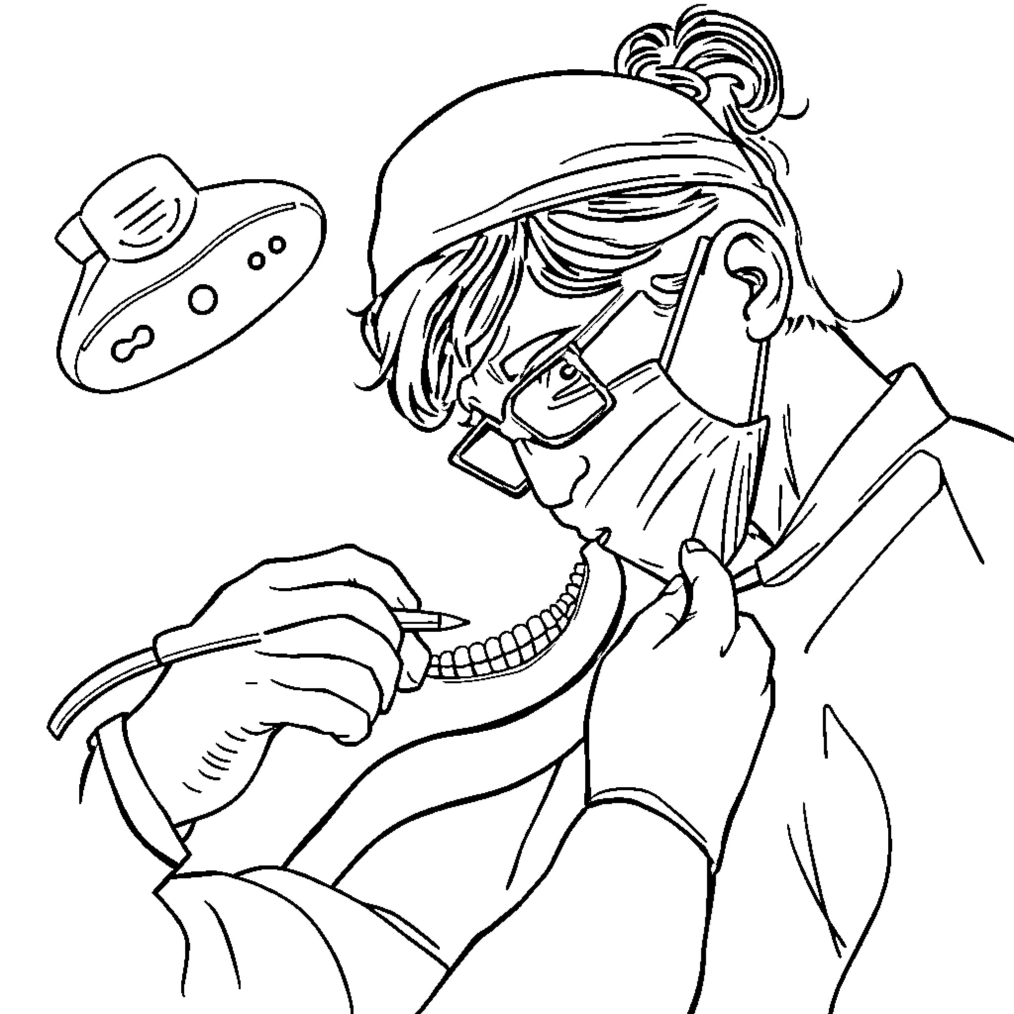 Doctor Examining Patient with Medical Equipment Coloring Page (free black-and-white line drawing printable PDF for all, from beginners to advanced learners, including children, teens, adults, and seniors)