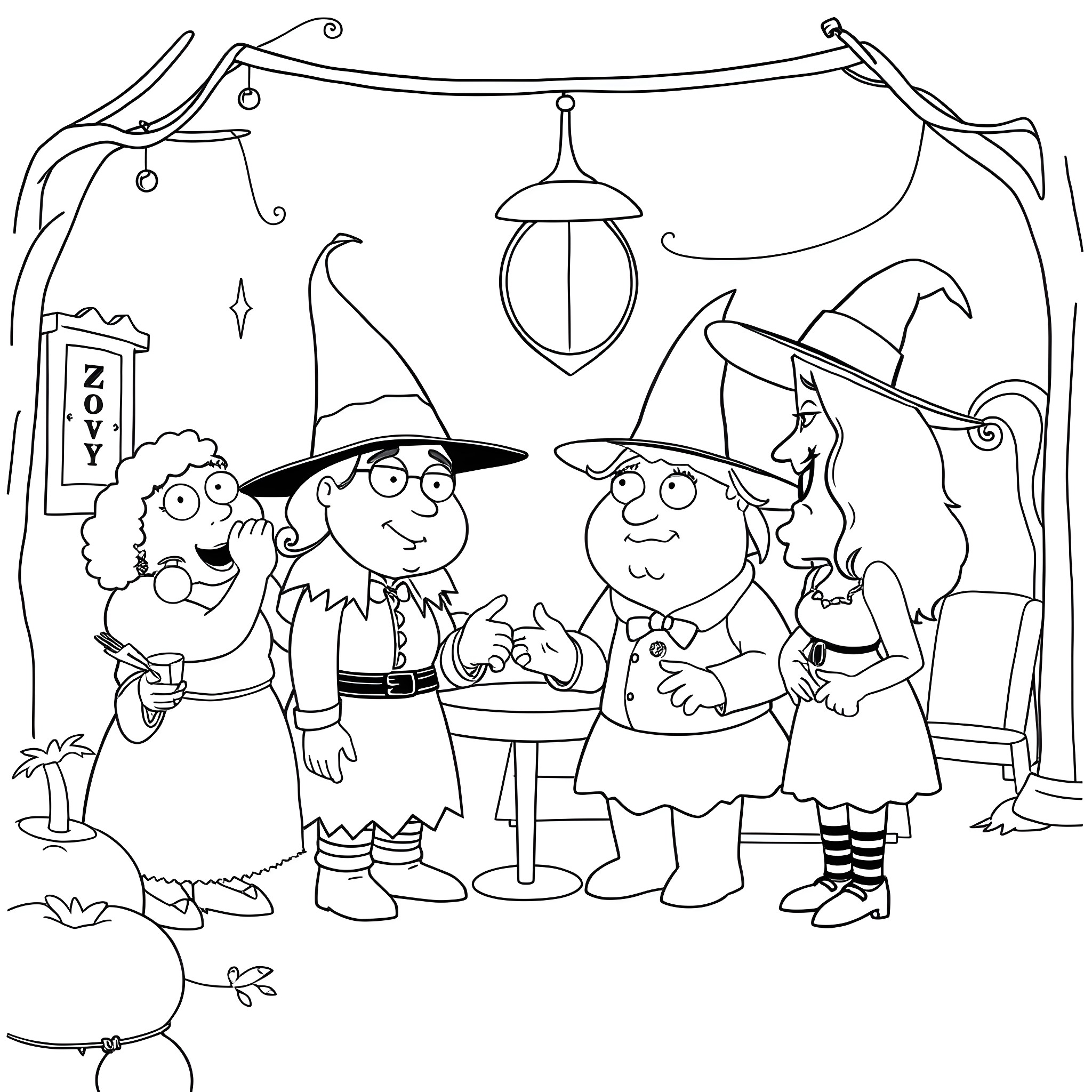 Wicked Witches Gather for Enchanting Revelry Coloring Page (free black-and-white line drawing printable PDF for all, from beginners to advanced learners, including children, teens, adults, and seniors)