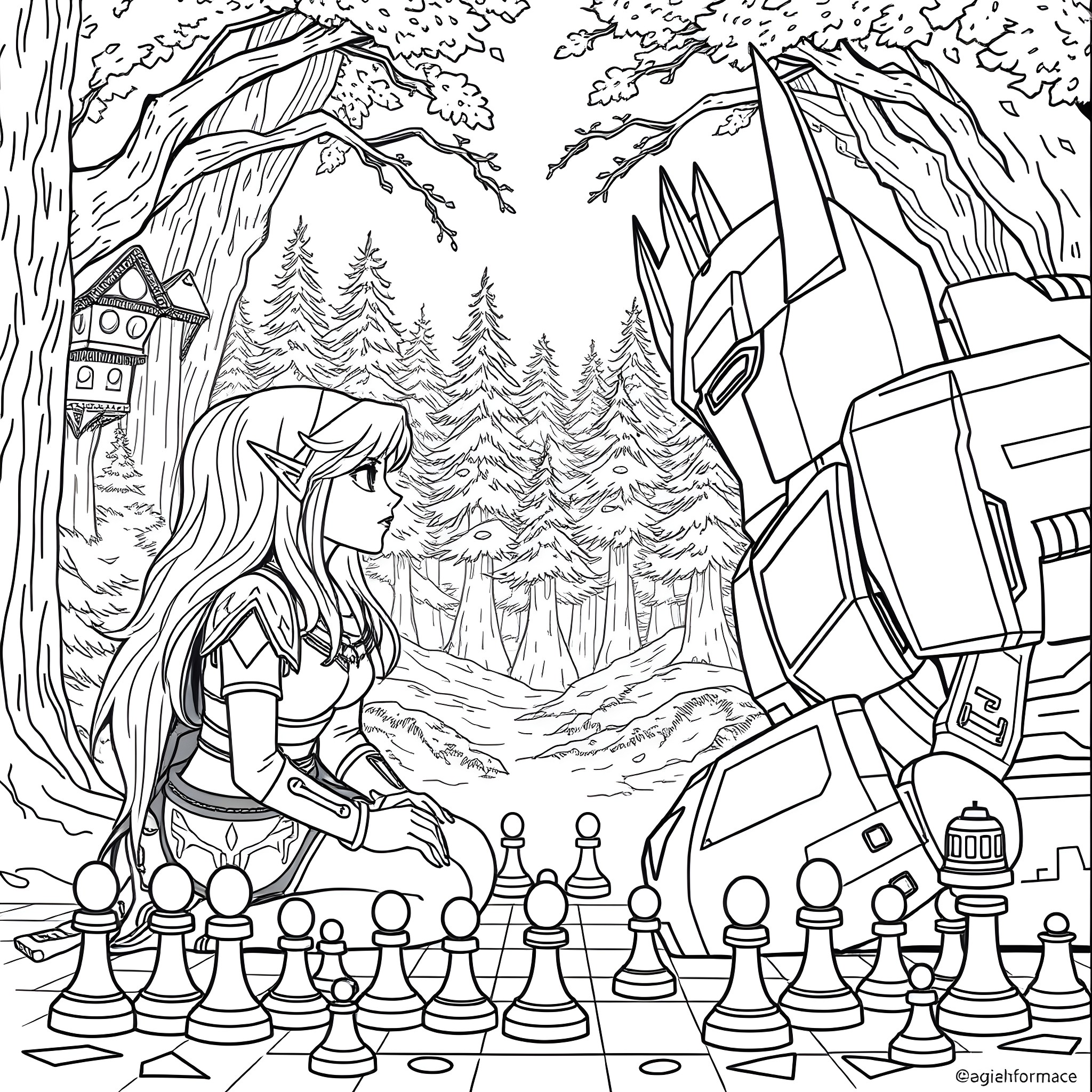 Zelda playing chess in the enchanted forest Coloring Page (free black-and-white line drawing printable PDF for all, from beginners to advanced learners, including children, teens, adults, and seniors)