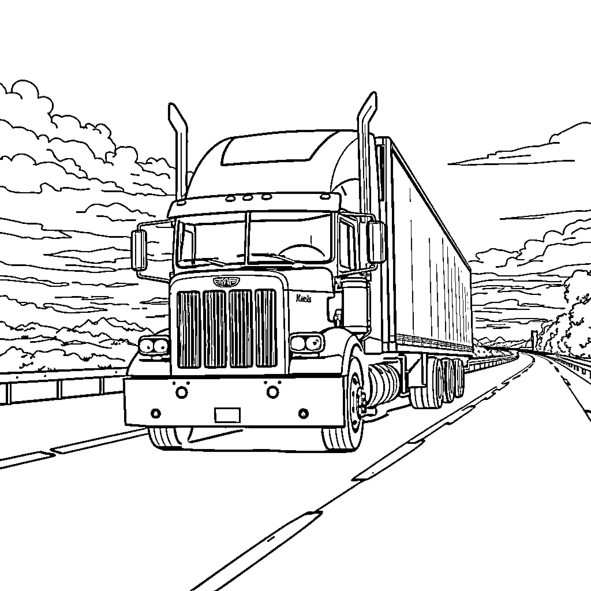 Truck Transporting Cargo on Open Road Coloring Page (free black-and-white line drawing printable PDF for all, from beginners to advanced learners, including children, teens, adults, and seniors)