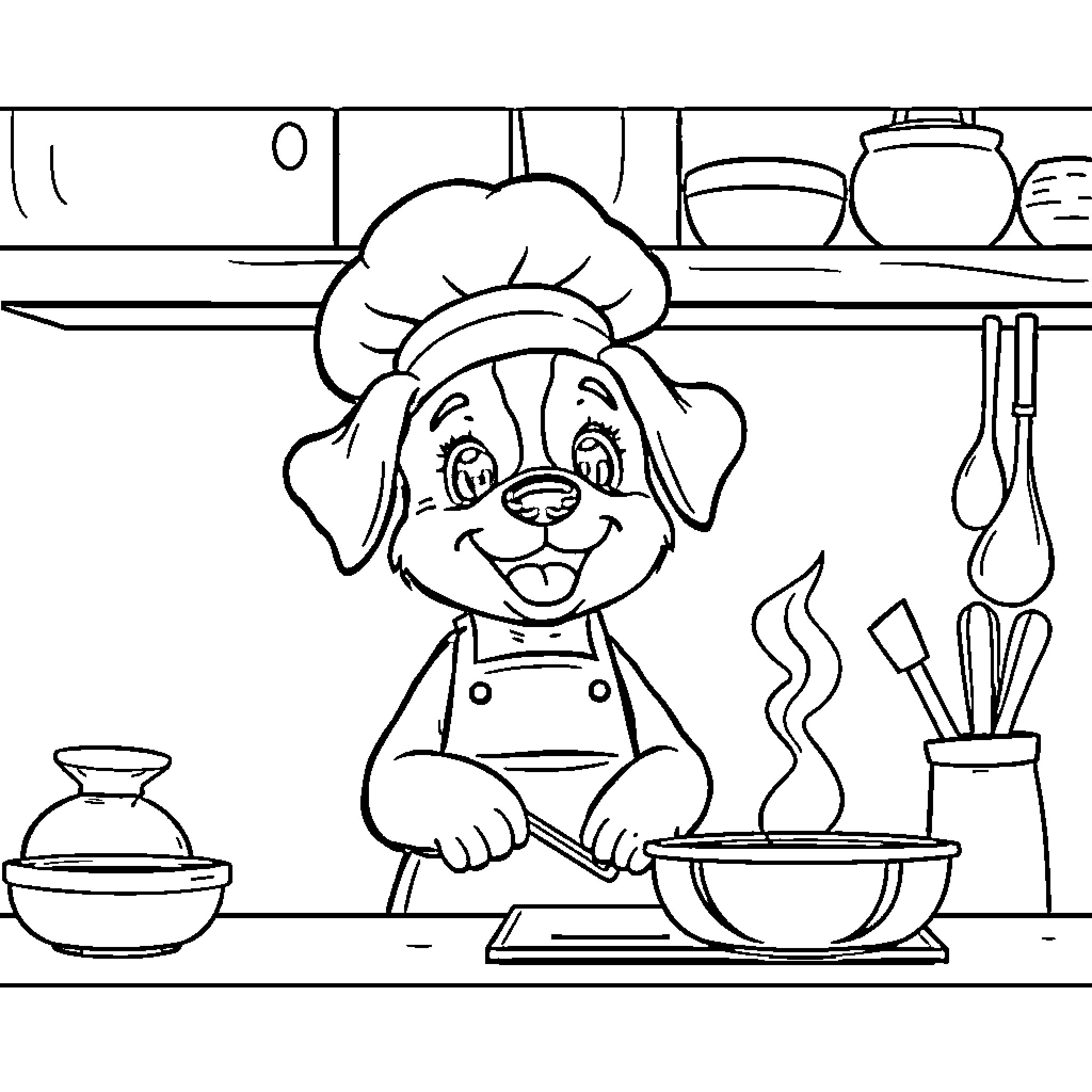 Puppy chef happily cooking in the kitchen Coloring Page (free black-and-white line drawing printable PDF for all, from beginners to advanced learners, including children, teens, adults, and seniors)
